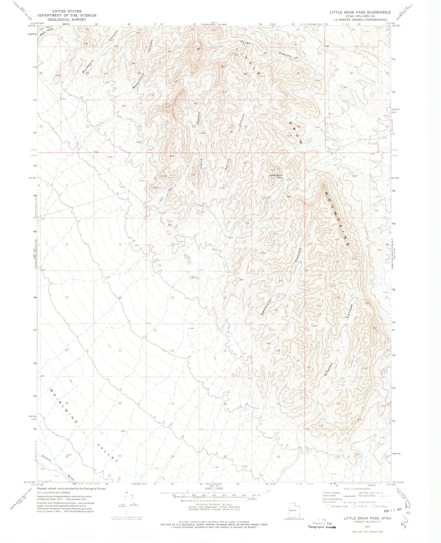 Classic USGS Little Drum Pass Utah 7.5'x7.5' Topo Map Image