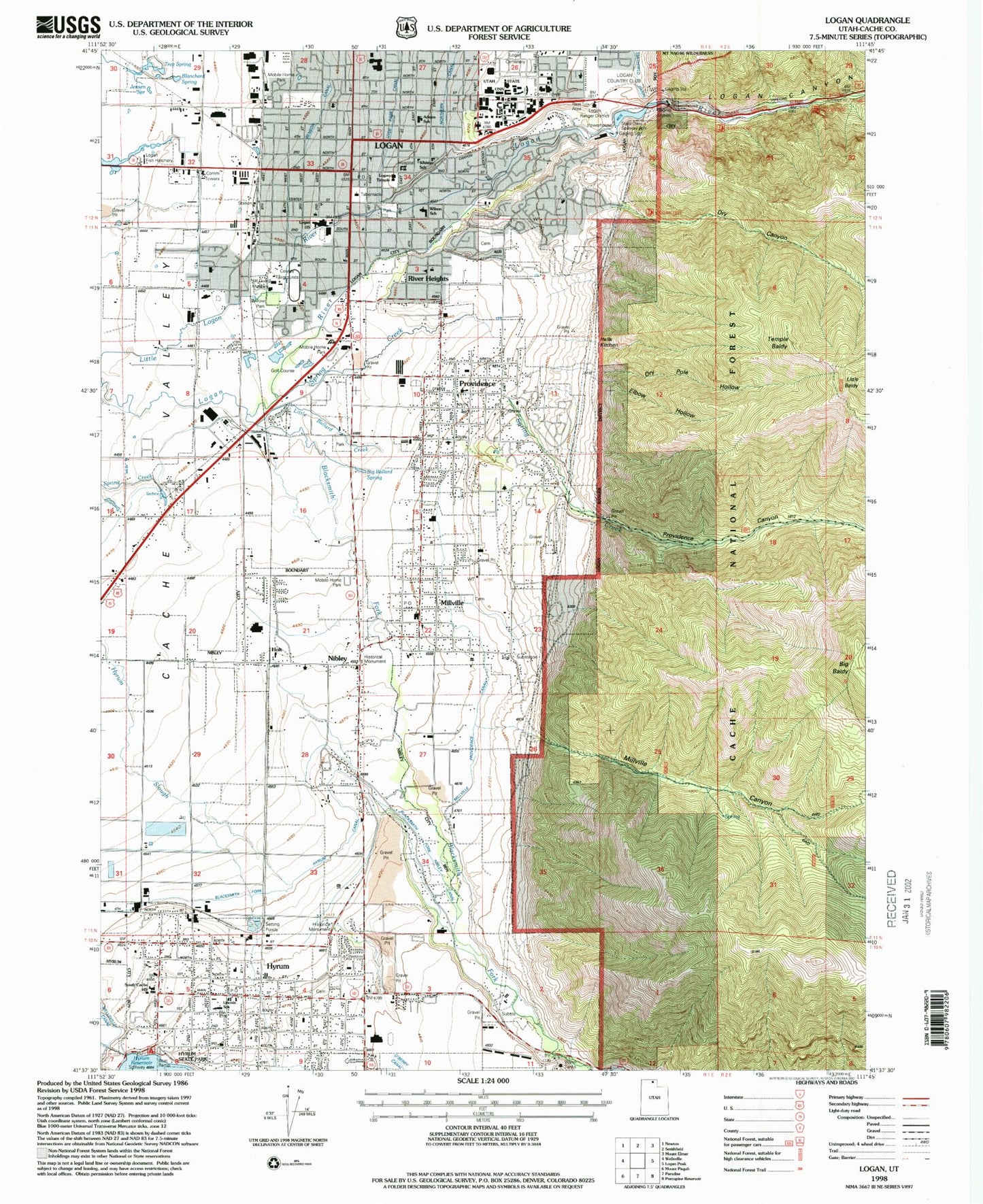 Classic USGS Logan Utah 7.5'x7.5' Topo Map Image