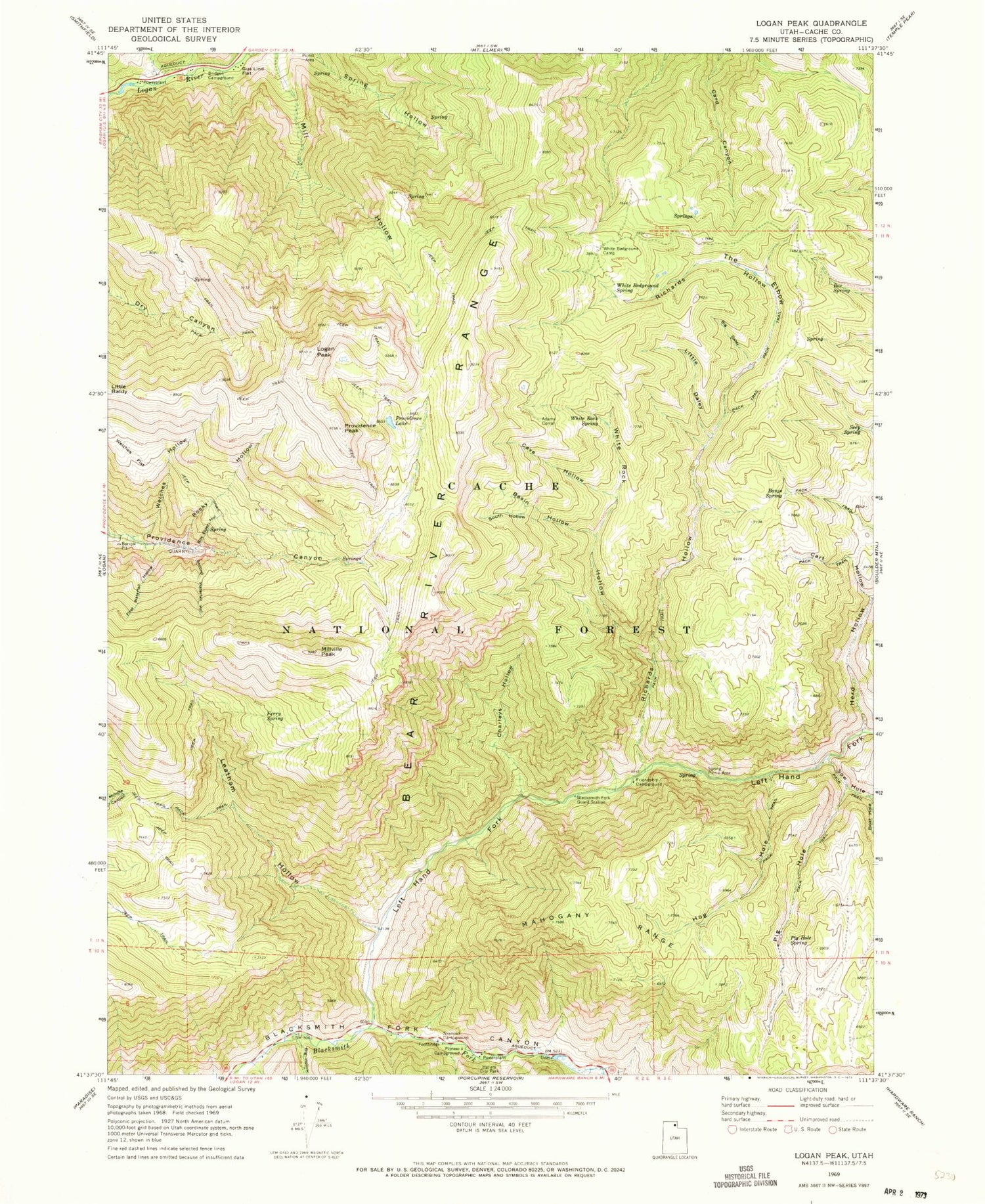 Classic USGS Logan Peak Utah 7.5'x7.5' Topo Map Image