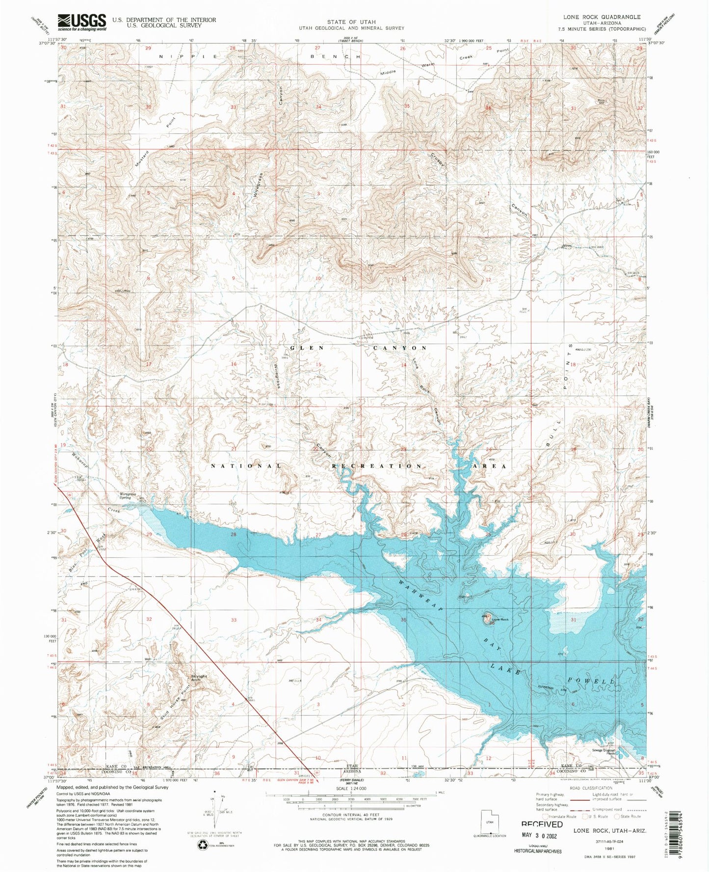 Classic USGS Lone Rock Utah 7.5'x7.5' Topo Map Image