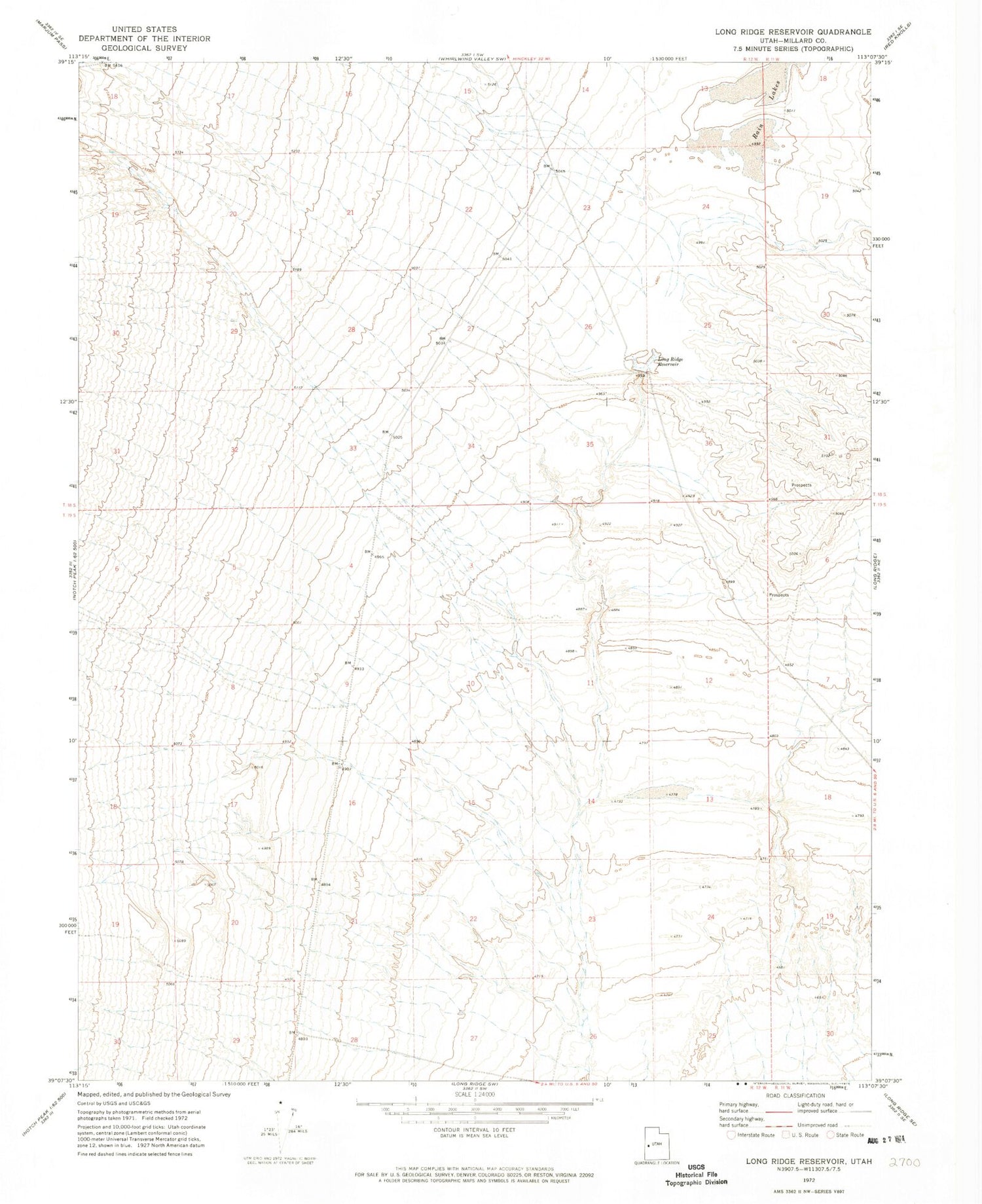 Classic USGS Long Ridge Reservoir Utah 7.5'x7.5' Topo Map Image
