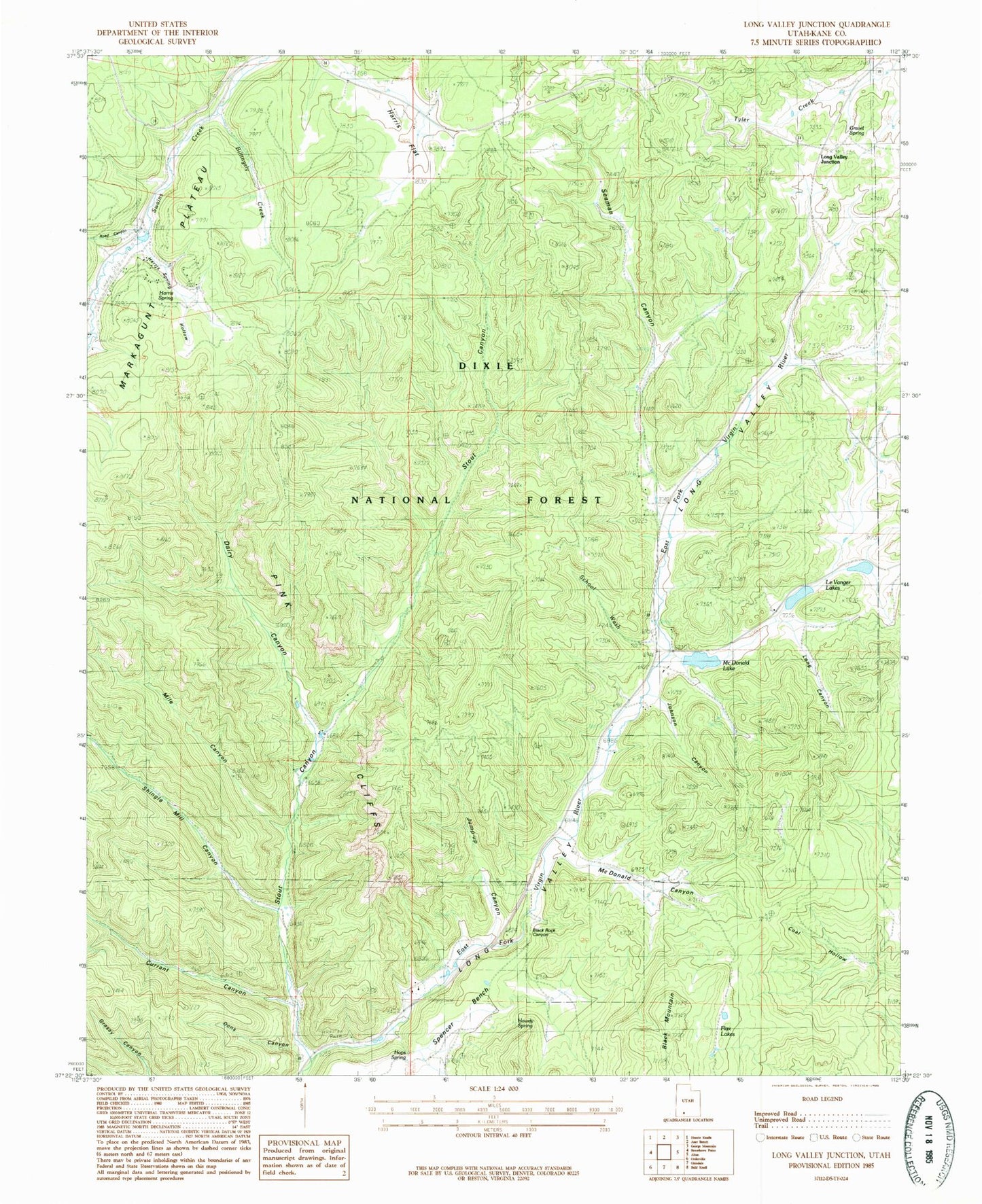 Classic USGS Long Valley Junction Utah 7.5'x7.5' Topo Map Image