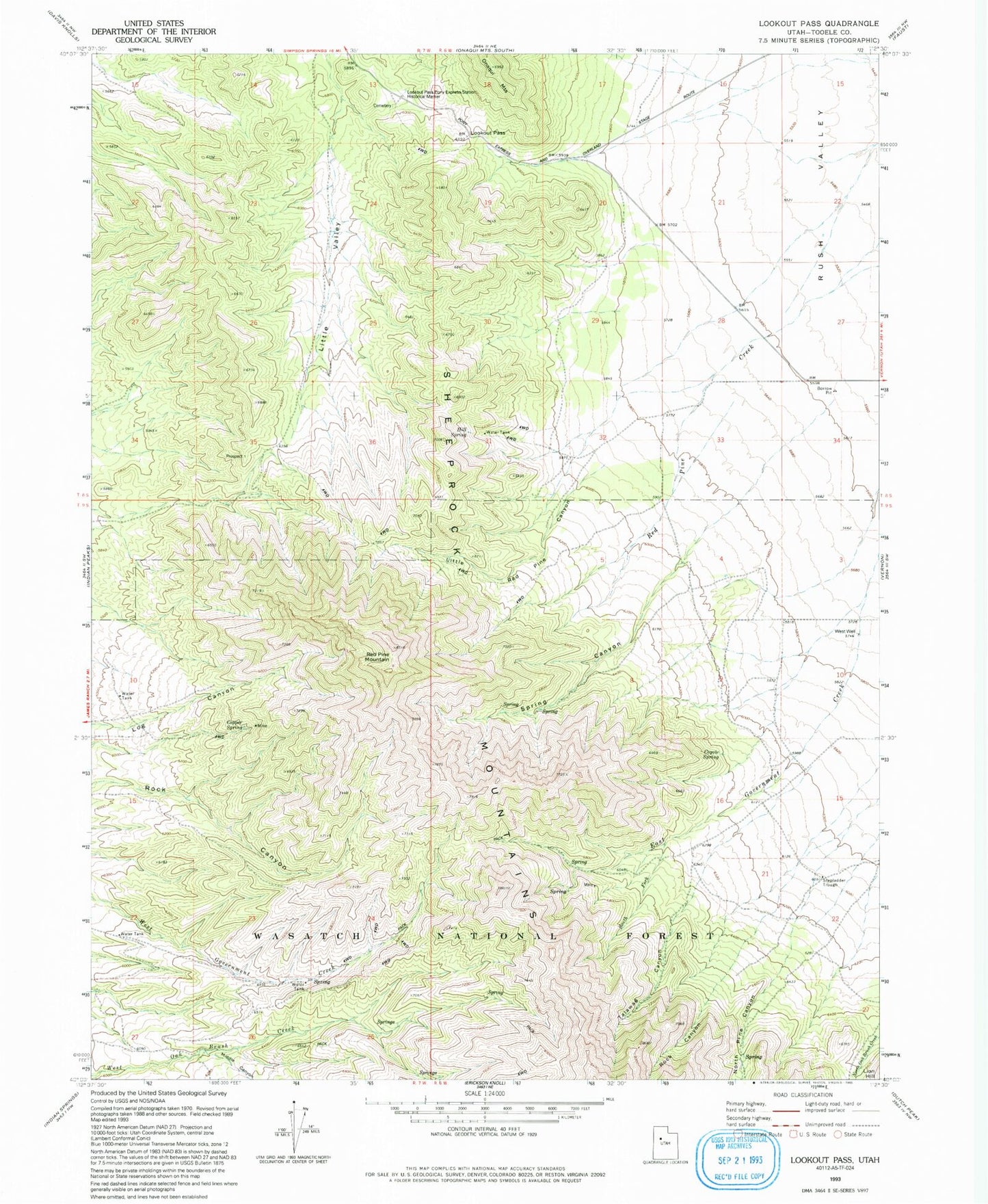 Classic USGS Lookout Pass Utah 7.5'x7.5' Topo Map Image