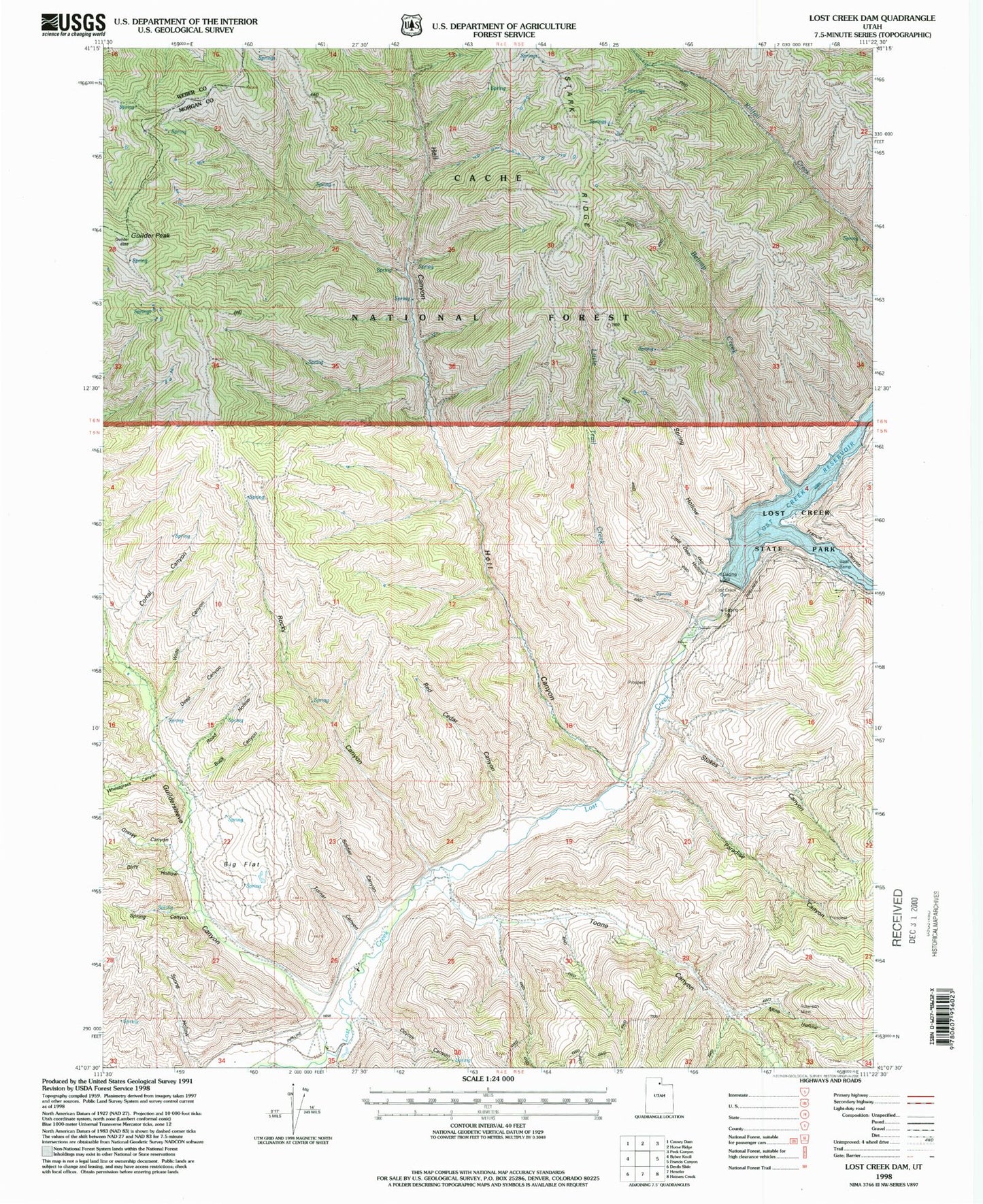 Classic USGS Lost Creek Dam Utah 7.5'x7.5' Topo Map Image