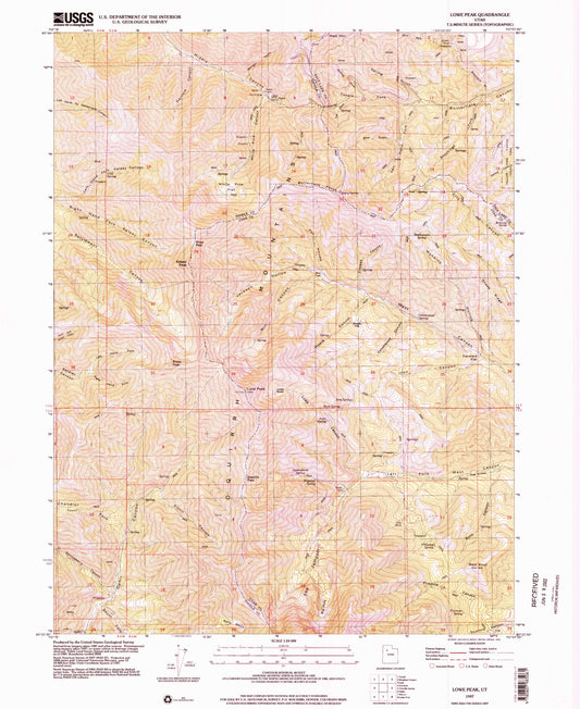 Classic USGS Lowe Peak Utah 7.5'x7.5' Topo Map Image