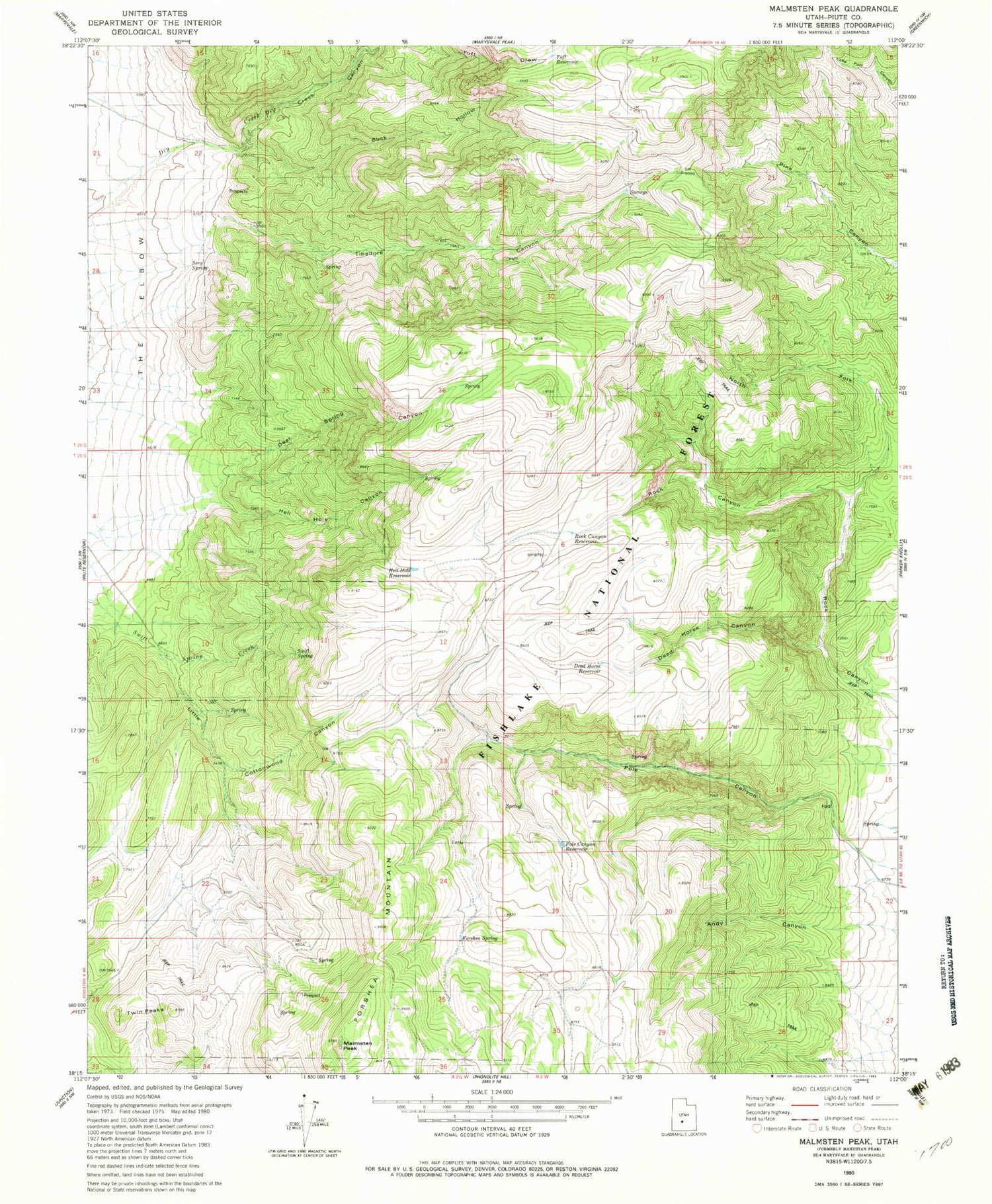 Classic USGS Malmsten Peak Utah 7.5'x7.5' Topo Map Image