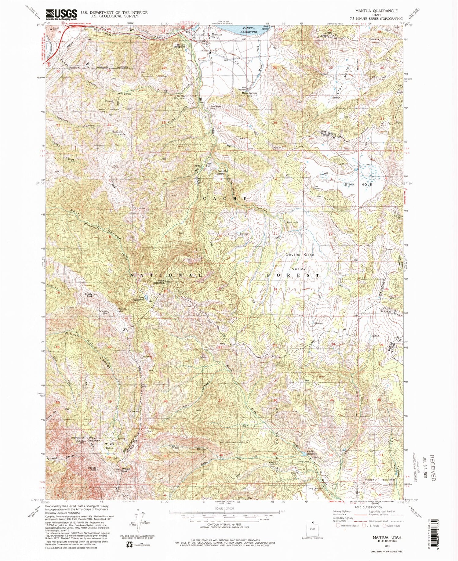 Classic USGS Mantua Utah 7.5'x7.5' Topo Map Image