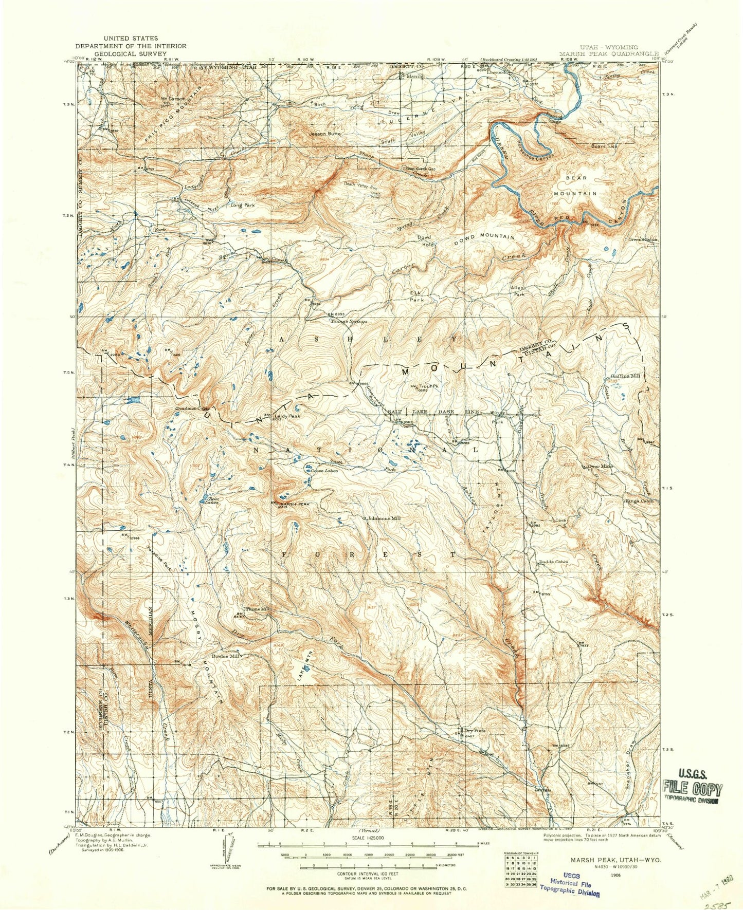 Historic 1906 Marsh Peak Utah 30'x30' Topo Map Image