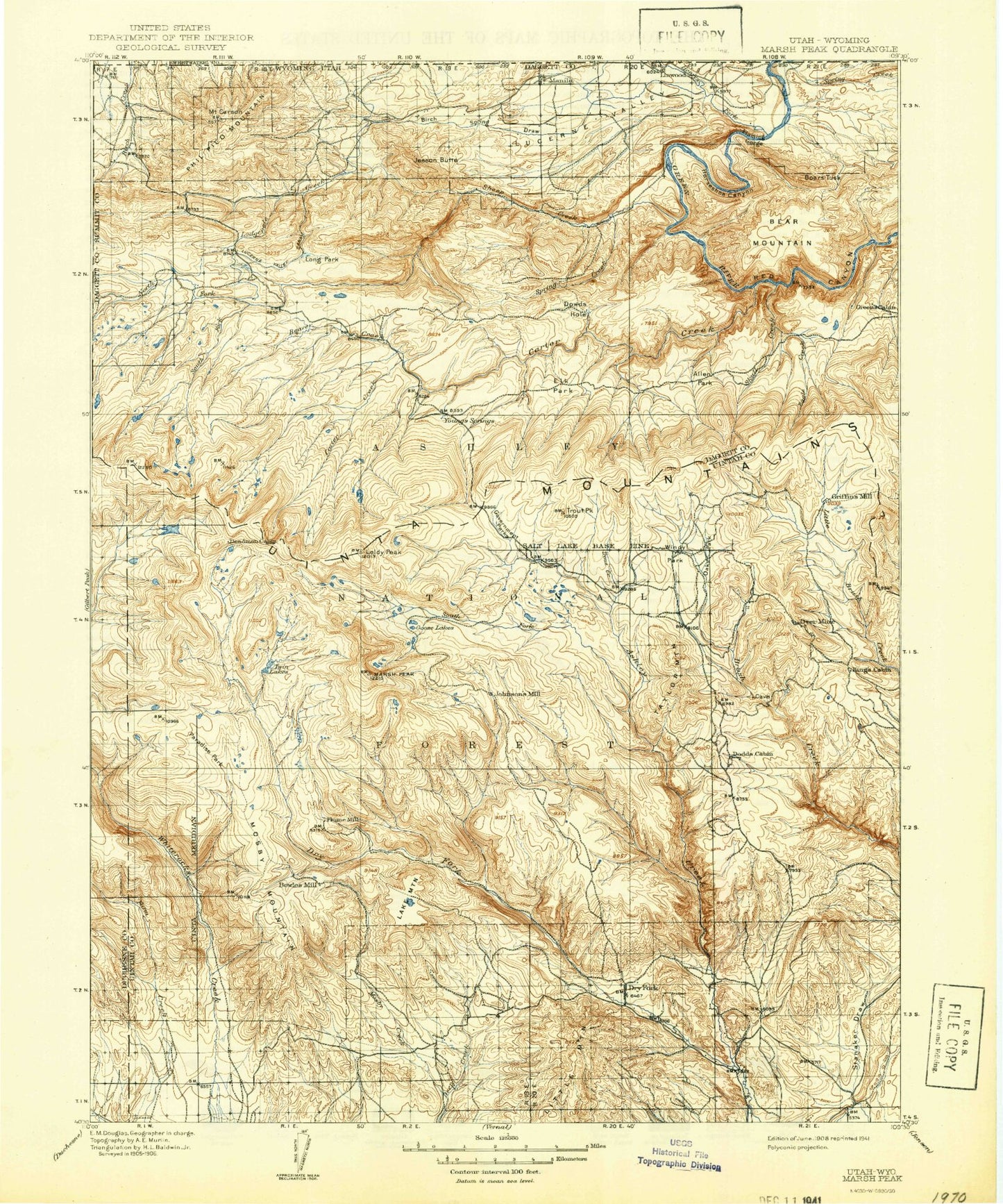 Historic 1908 Marsh Peak Utah 30'x30' Topo Map Image