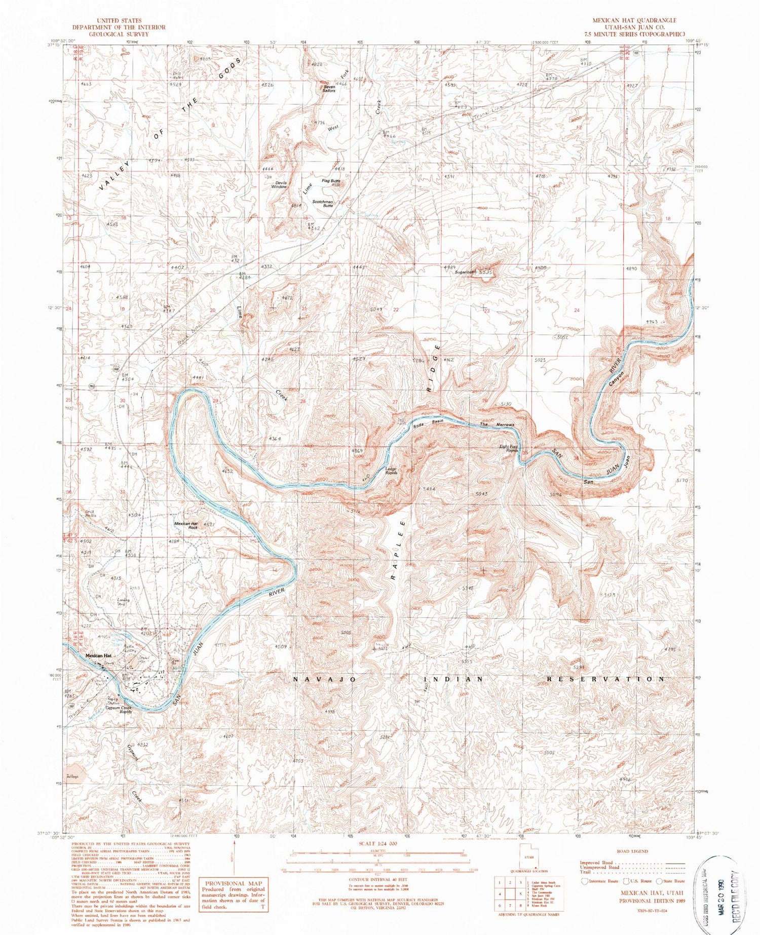 Classic USGS Mexican Hat Utah 7.5'x7.5' Topo Map Image
