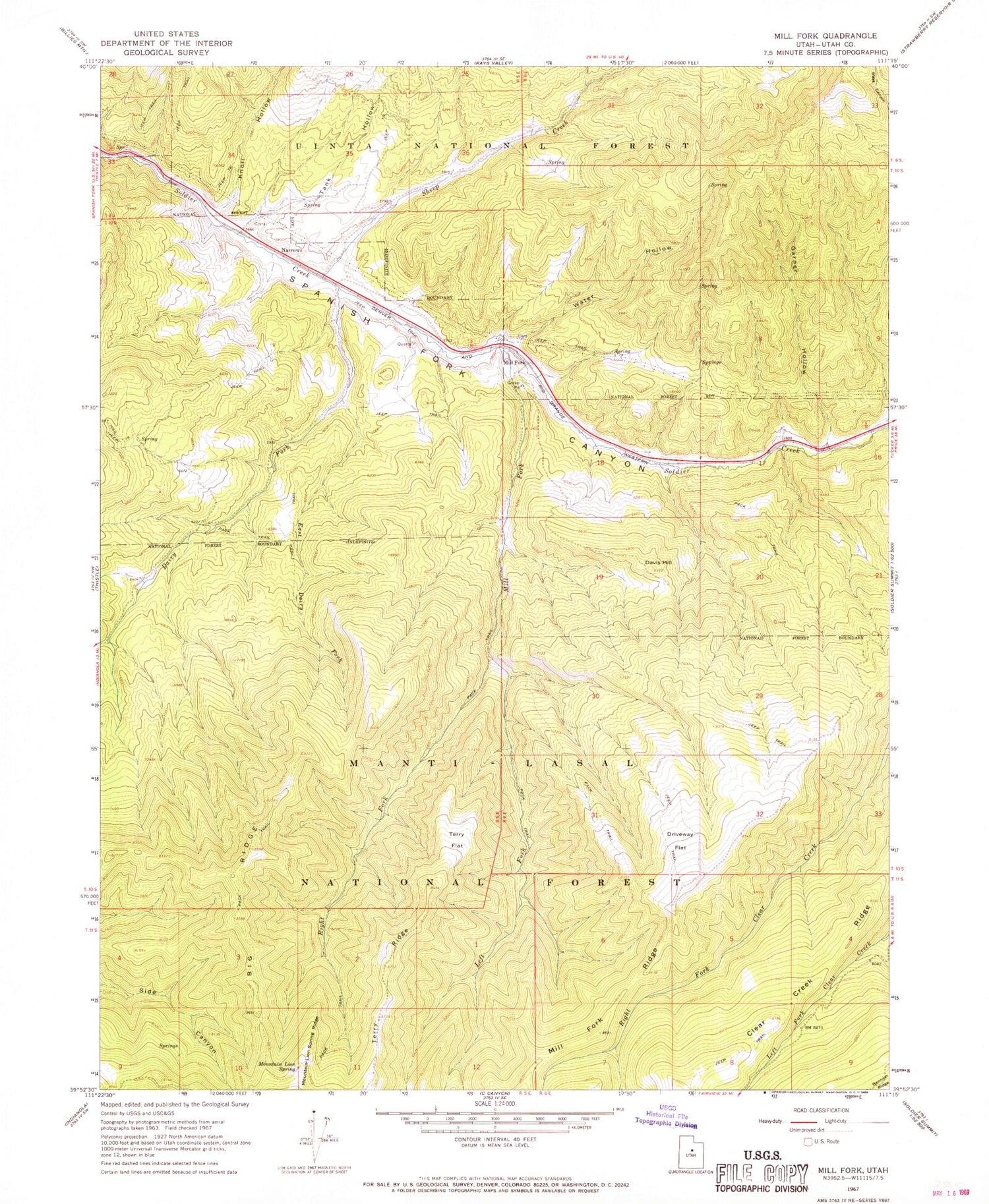 Classic USGS Mill Fork Utah 7.5'x7.5' Topo Map Image