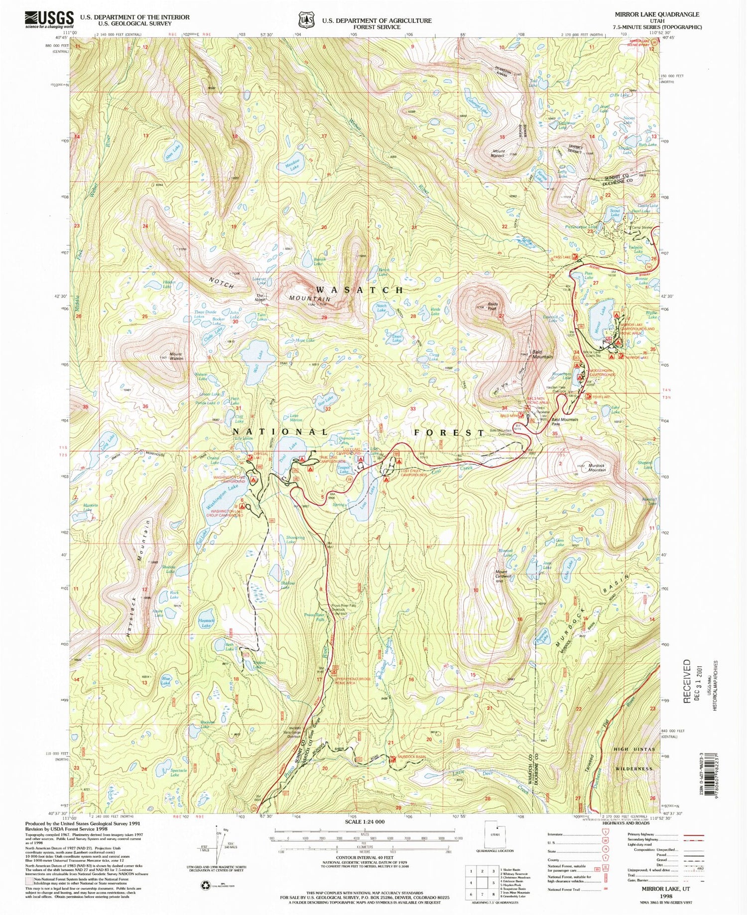 USGS Classic Mirror Lake Utah 7.5'x7.5' Topo Map Image