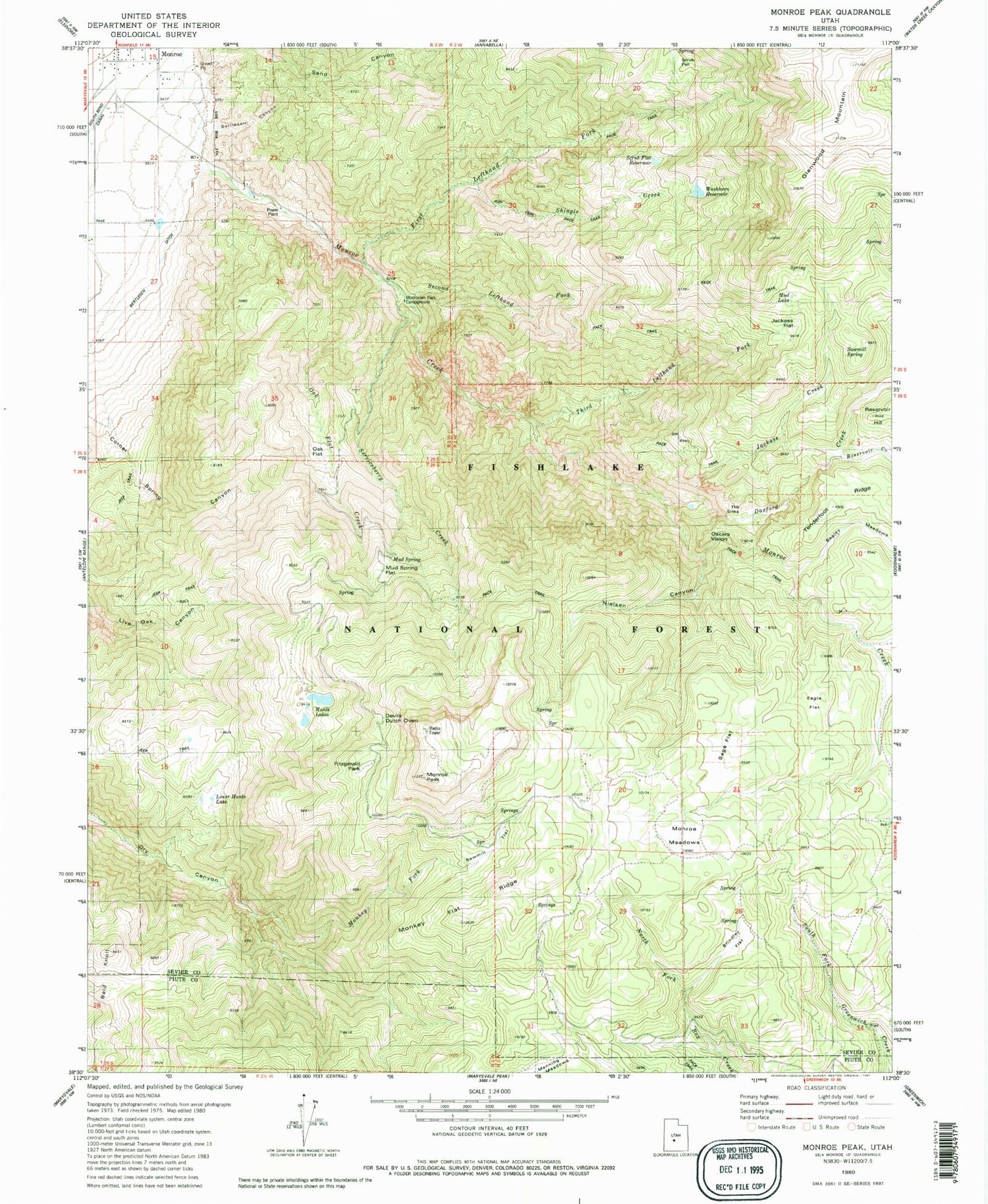 Classic USGS Monroe Peak Utah 7.5'x7.5' Topo Map Image