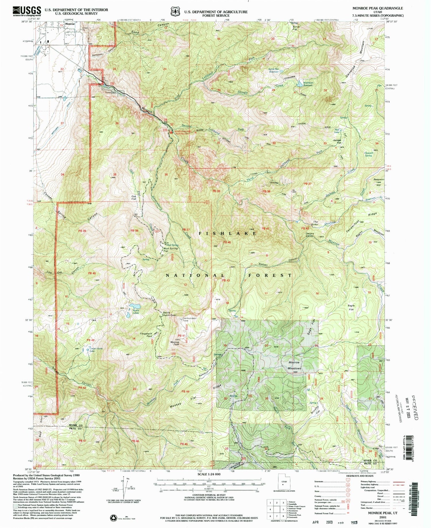 Classic USGS Monroe Peak Utah 7.5'x7.5' Topo Map Image