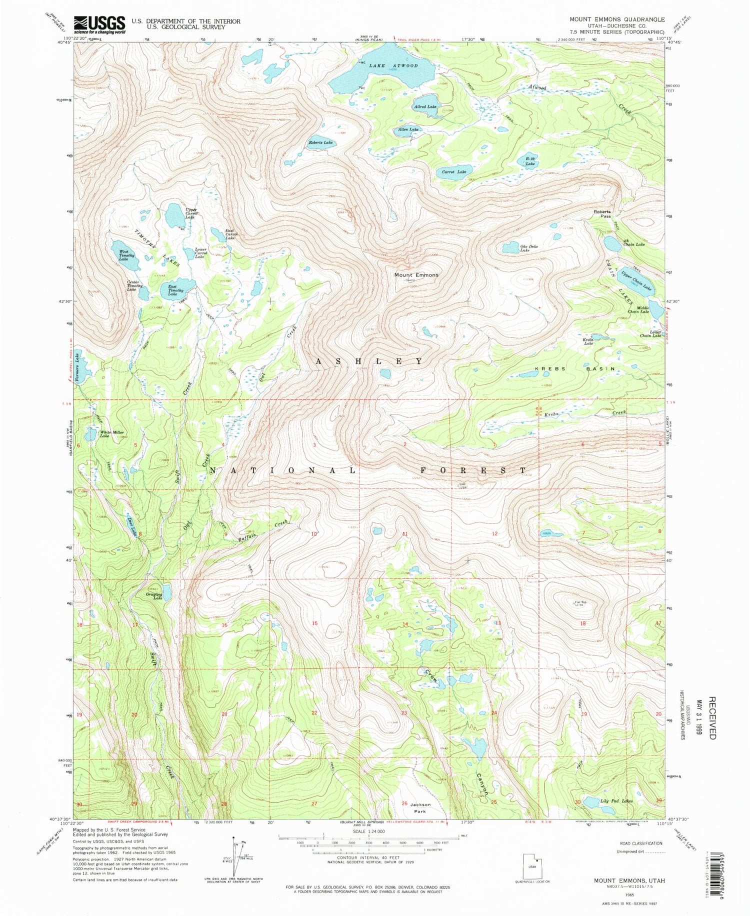 Classic USGS Mount Emmons Utah 7.5'x7.5' Topo Map Image