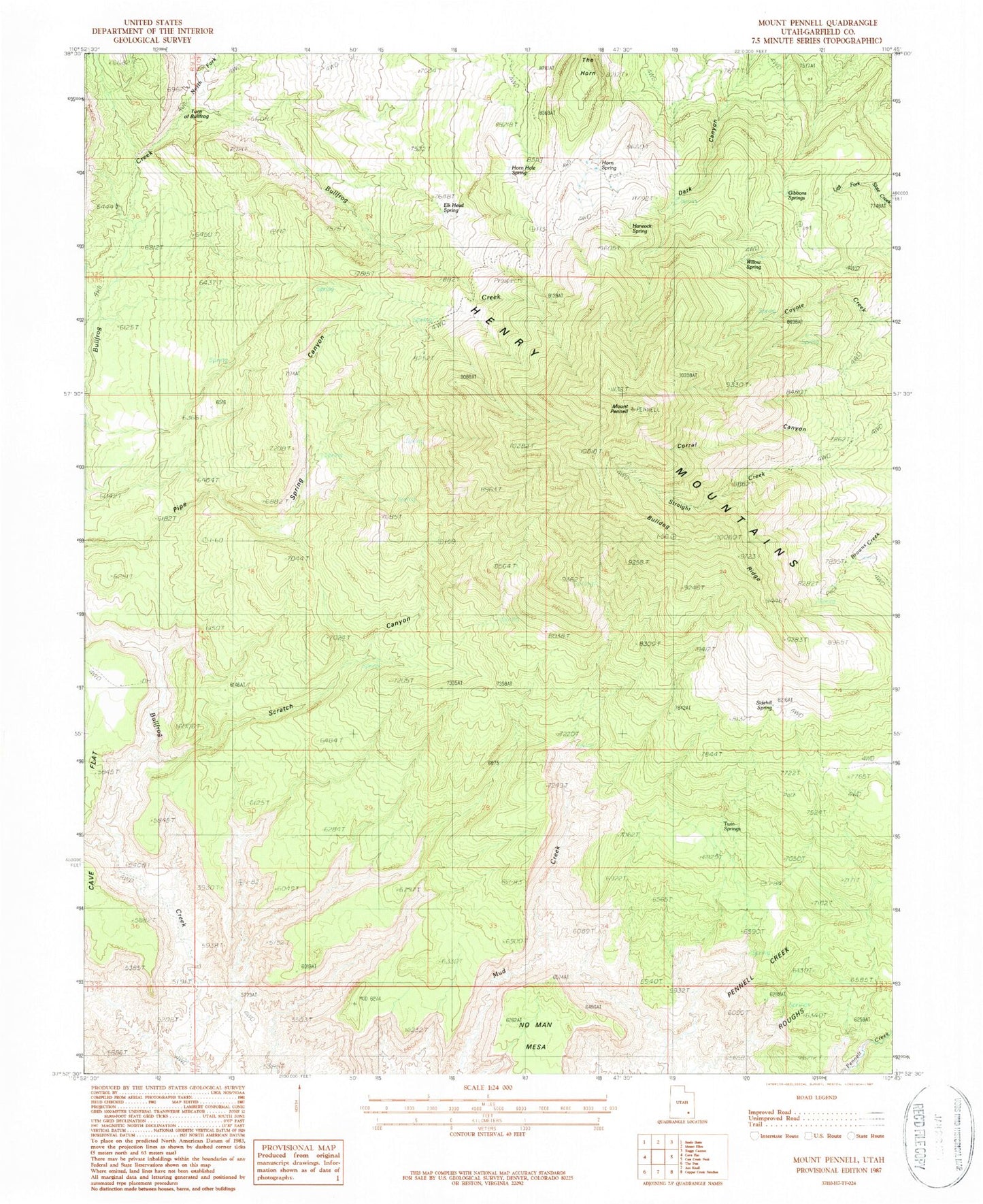 Classic USGS Mount Pennell Utah 7.5'x7.5' Topo Map Image