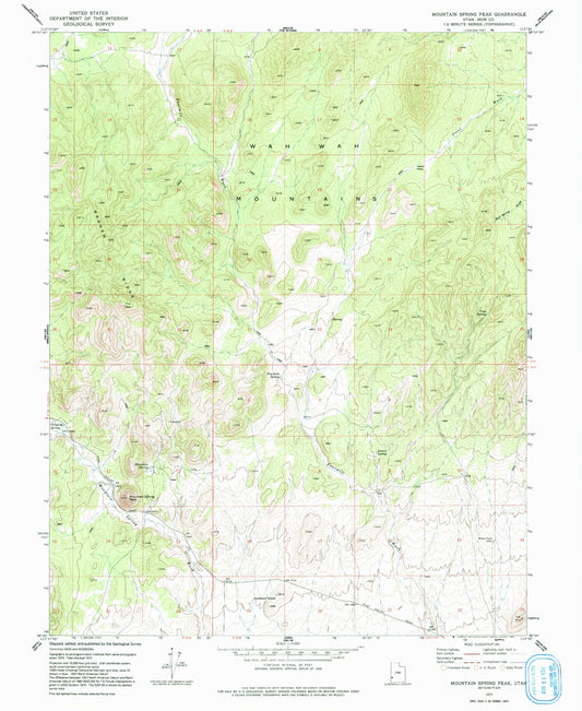 Classic USGS Mountain Spring Peak Utah 7.5'x7.5' Topo Map Image