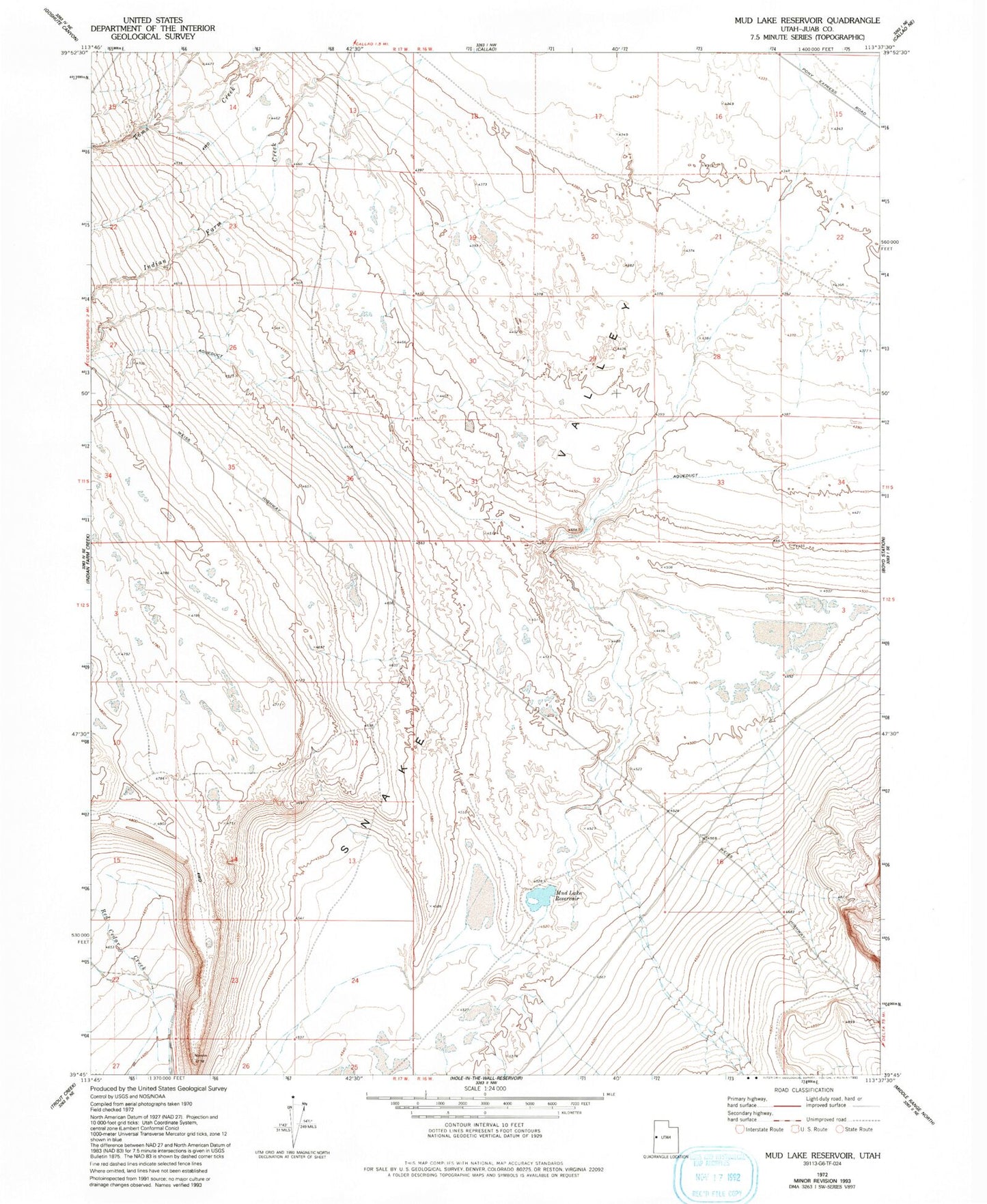 Classic USGS Mud Lake Reservoir Utah 7.5'x7.5' Topo Map Image