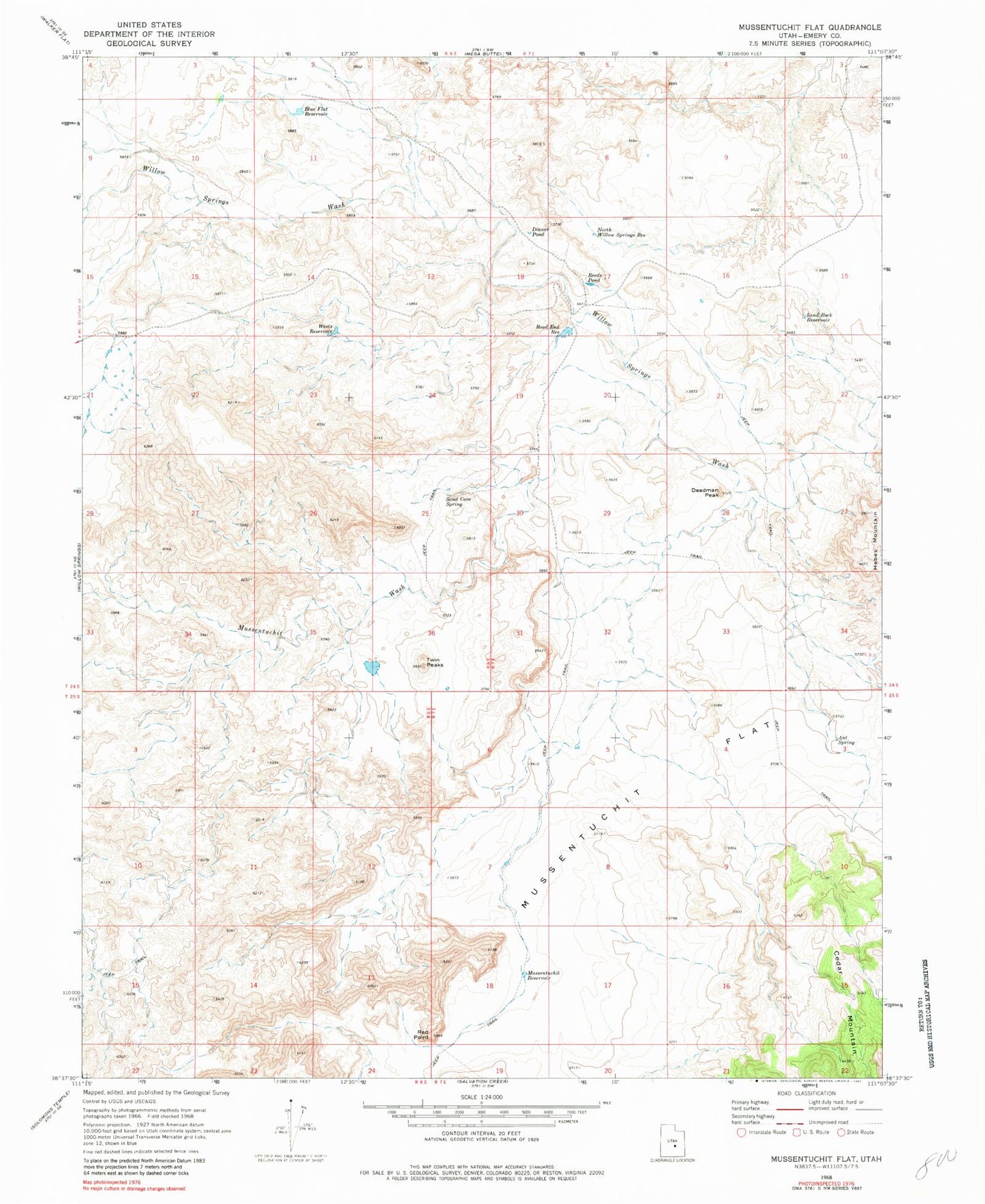 Classic USGS Mussentuchit Flat Utah 7.5'x7.5' Topo Map Image