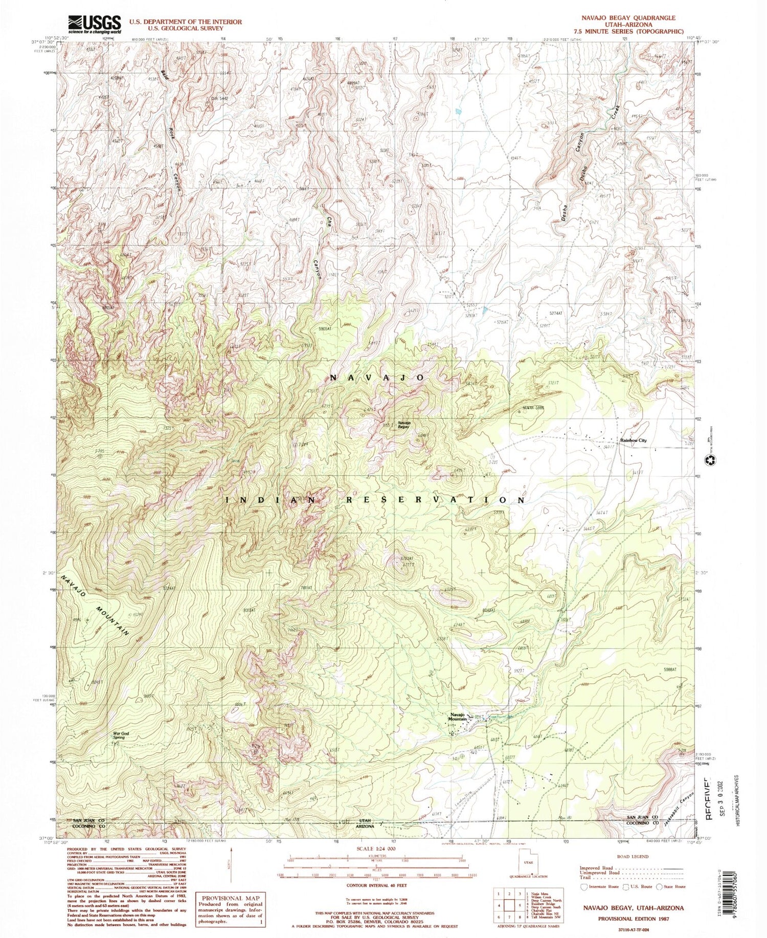Classic USGS Navajo Begay Utah 7.5'x7.5' Topo Map Image