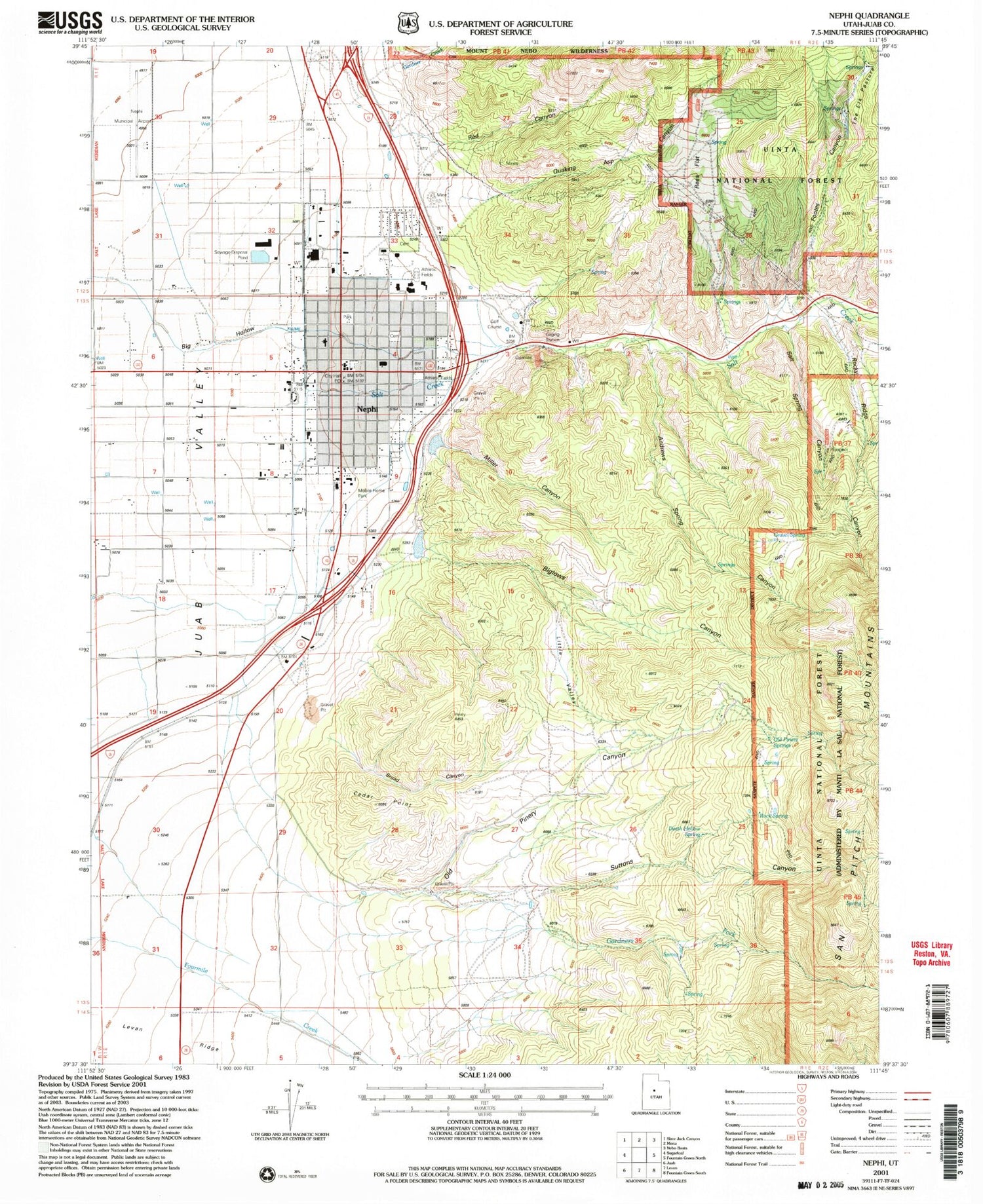 Classic USGS Nephi Utah 7.5'x7.5' Topo Map Image