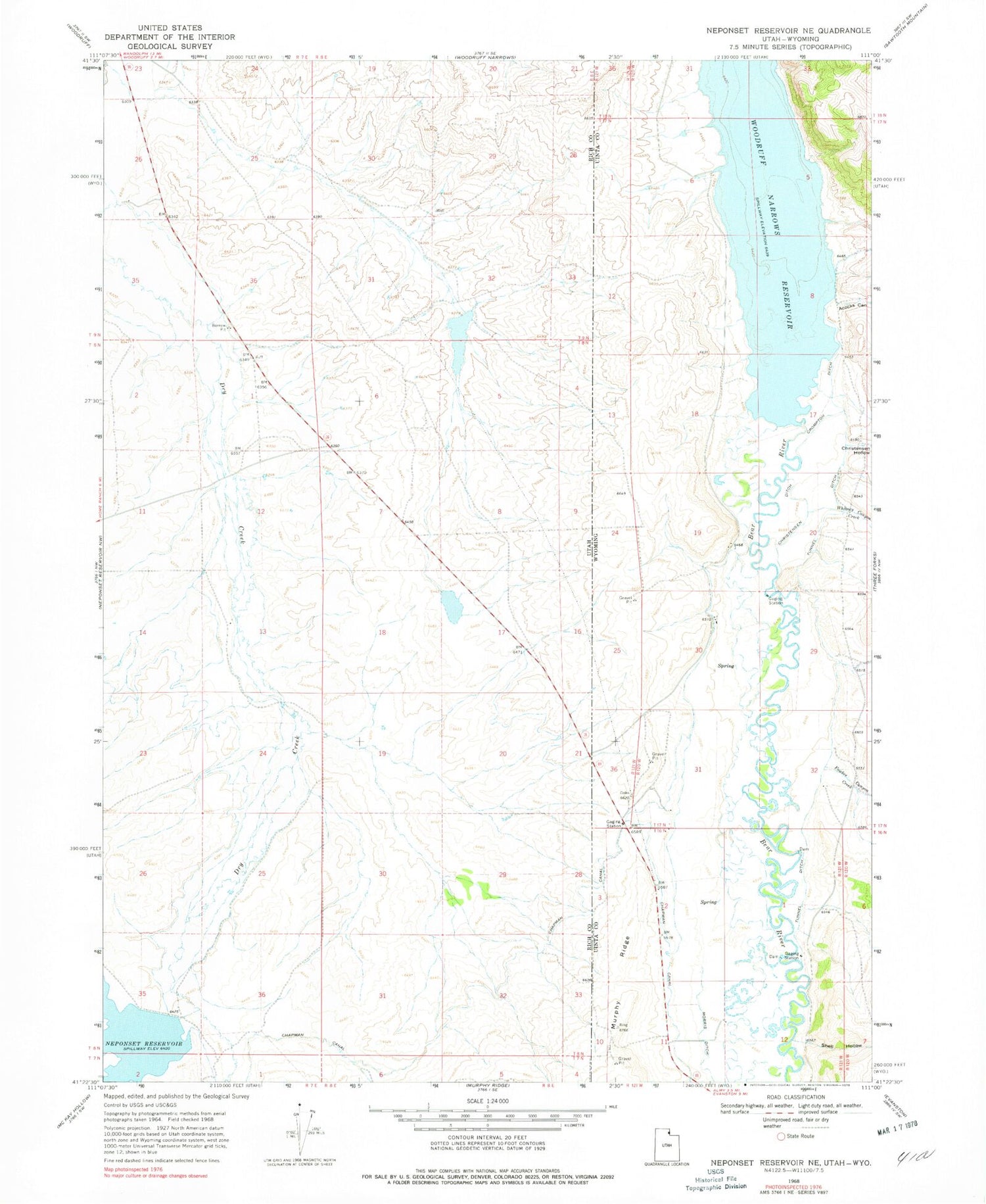 Classic USGS Neponset Reservoir NE Utah 7.5'x7.5' Topo Map Image