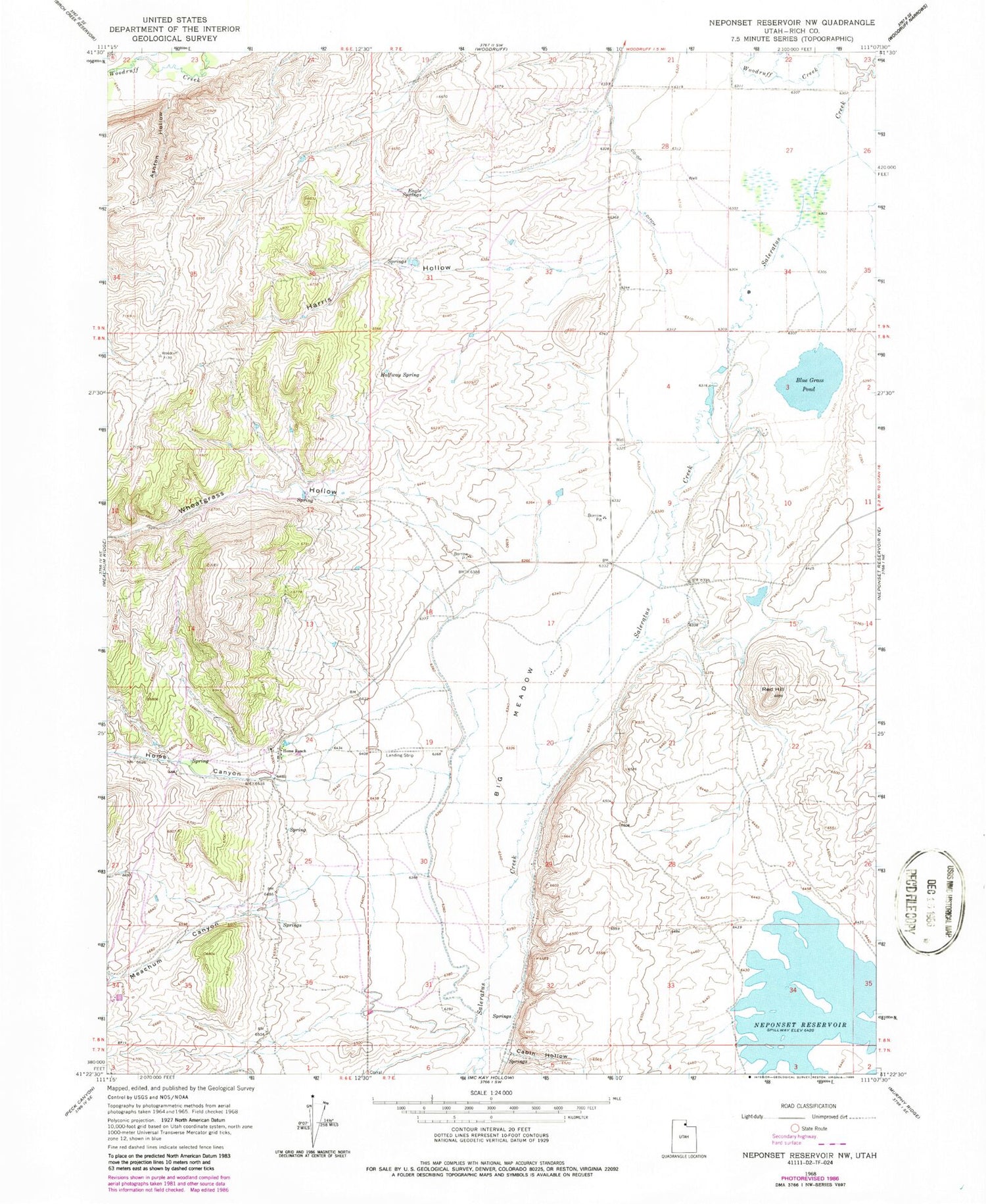 Classic USGS Neponset Reservoir NW Utah 7.5'x7.5' Topo Map Image