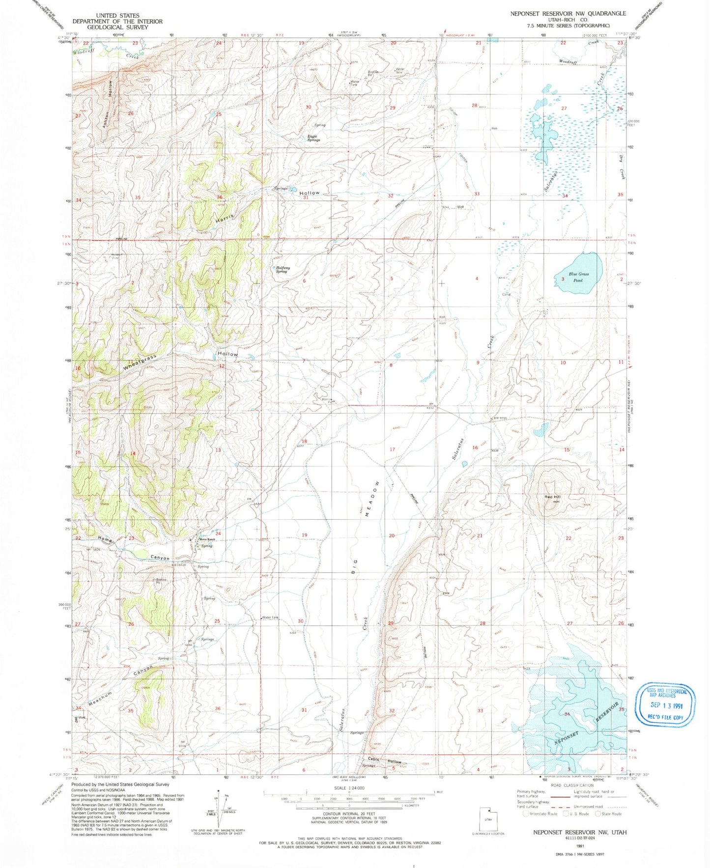 Classic USGS Neponset Reservoir NW Utah 7.5'x7.5' Topo Map Image