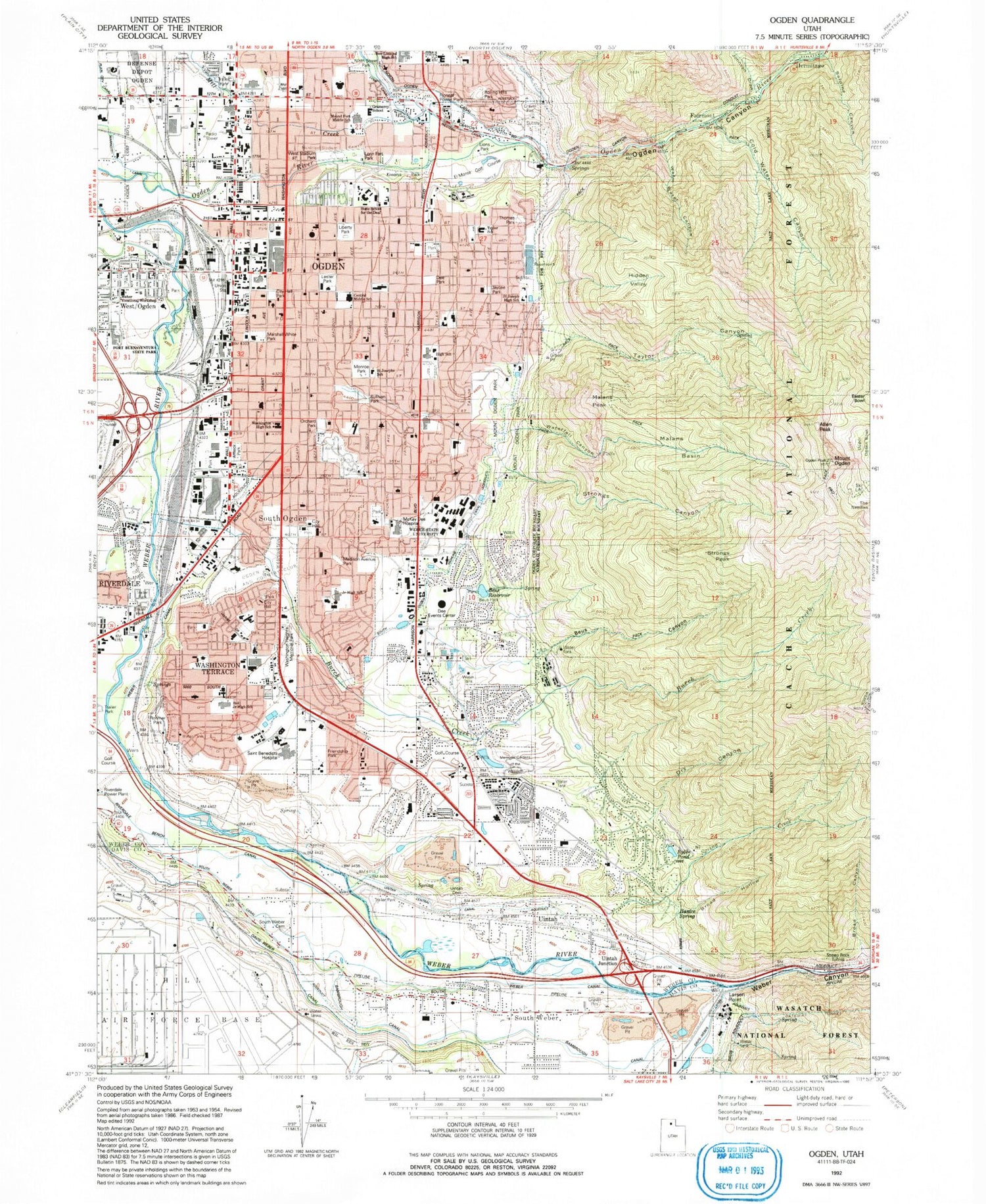 Classic USGS Ogden Utah 7.5'x7.5' Topo Map Image