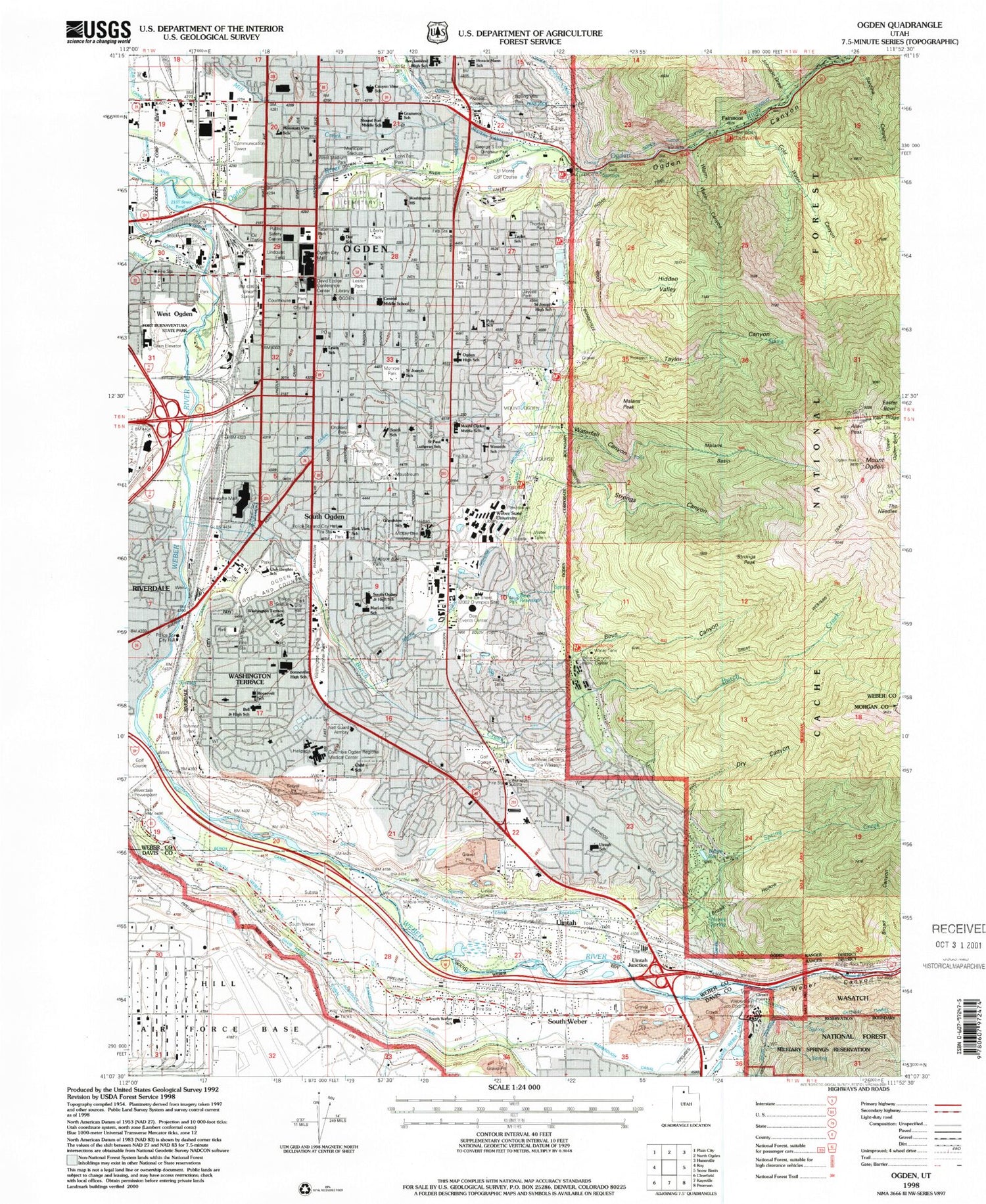 Classic USGS Ogden Utah 7.5'x7.5' Topo Map Image
