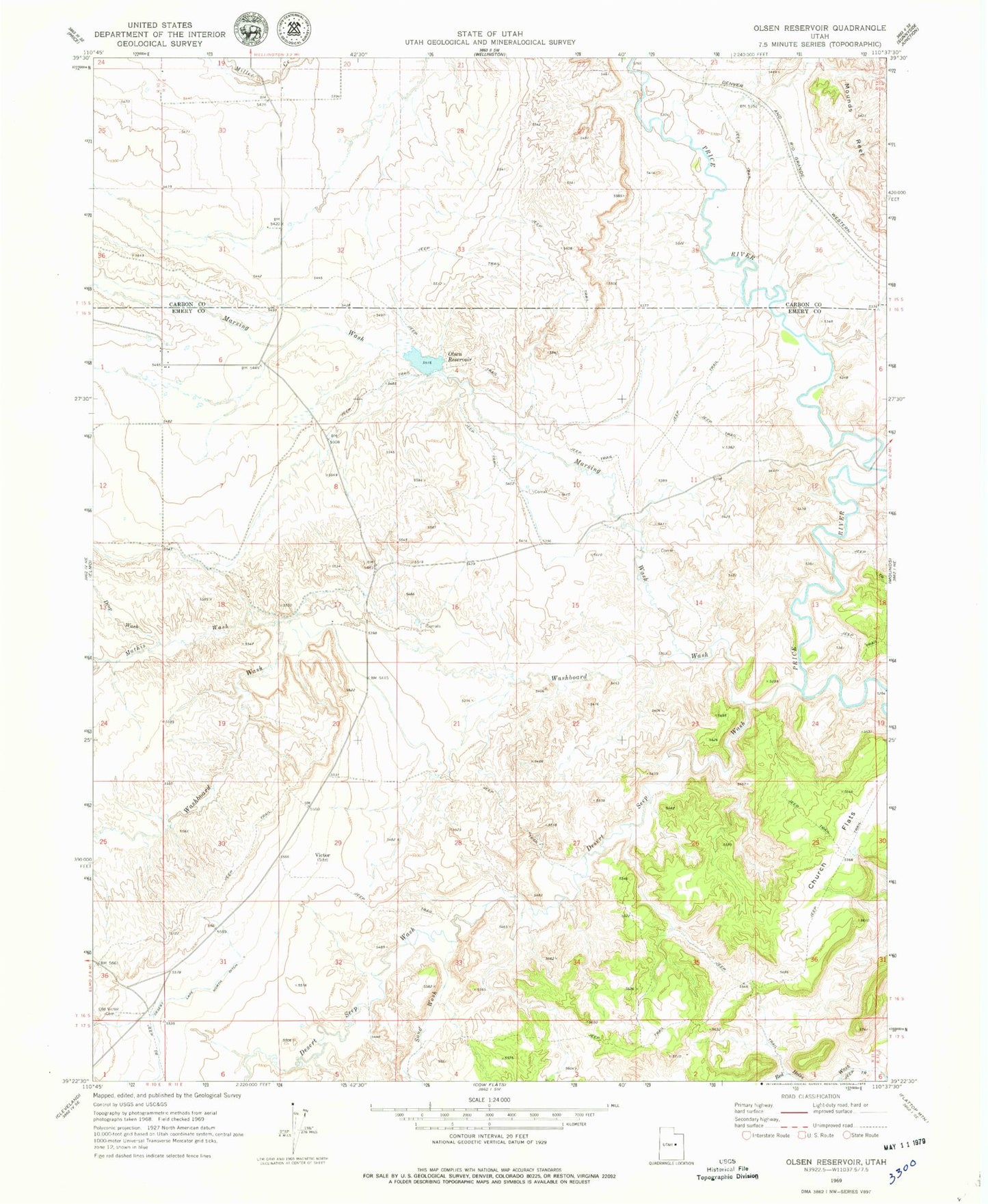 Classic USGS Olsen Reservoir Utah 7.5'x7.5' Topo Map Image