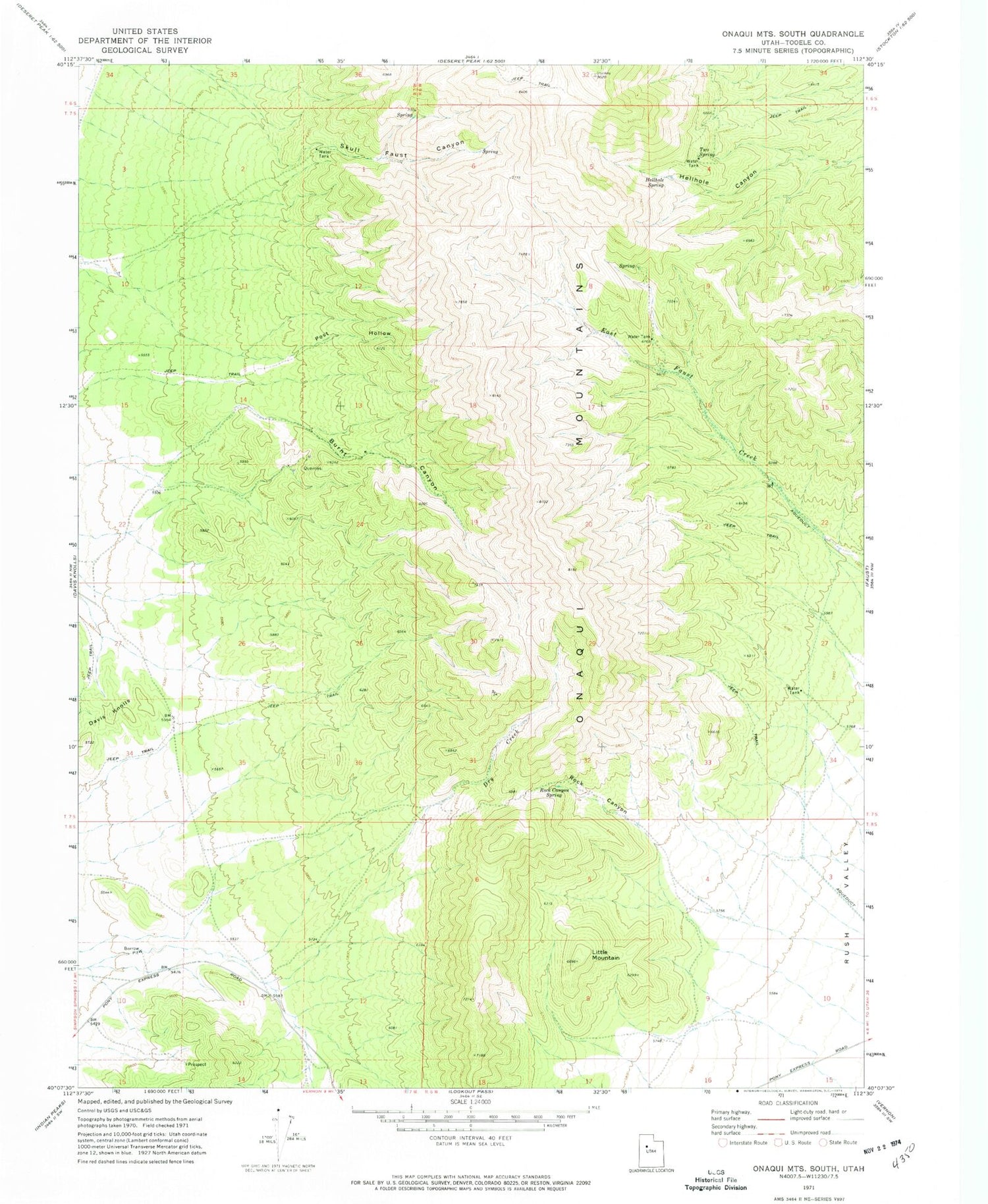 Classic USGS Onaqui Mountains South Utah 7.5'x7.5' Topo Map Image