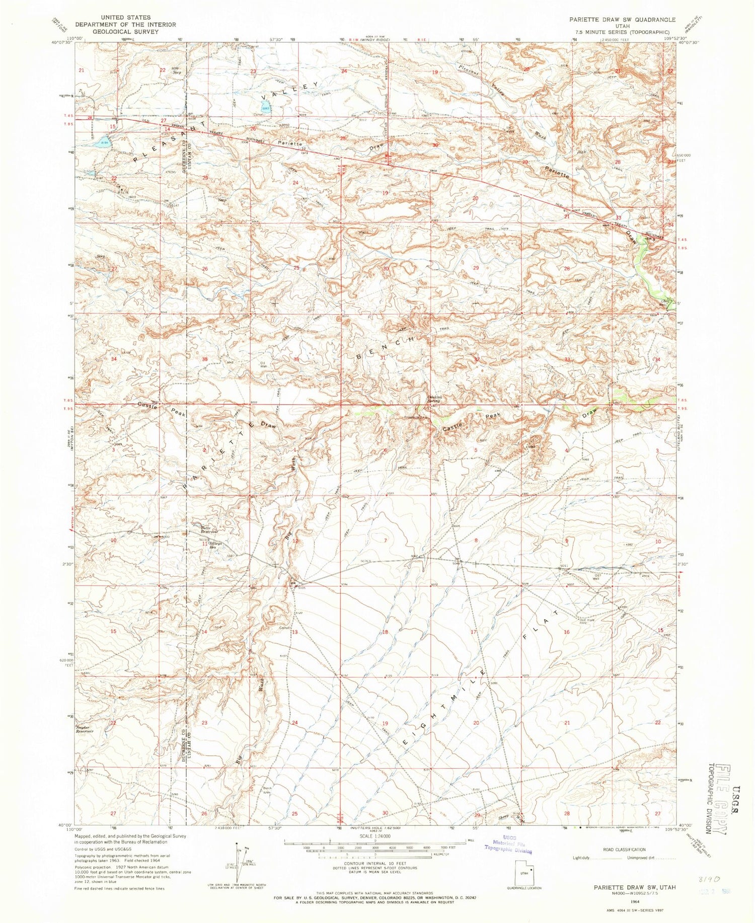 Classic USGS Pariette Draw SW Utah 7.5'x7.5' Topo Map Image
