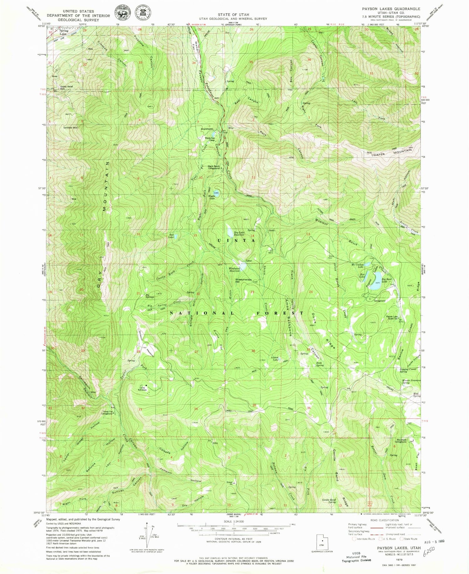 Classic USGS Payson Lakes Utah 7.5'x7.5' Topo Map Image