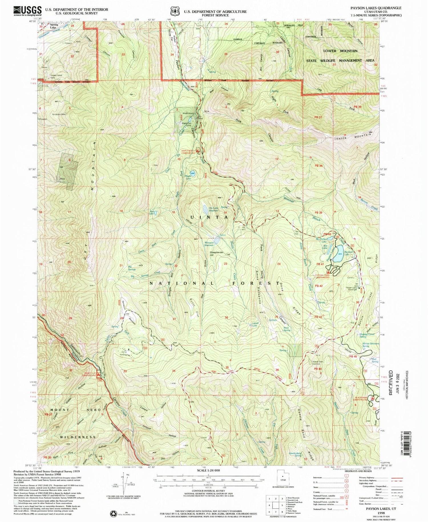 Classic USGS Payson Lakes Utah 7.5'x7.5' Topo Map Image