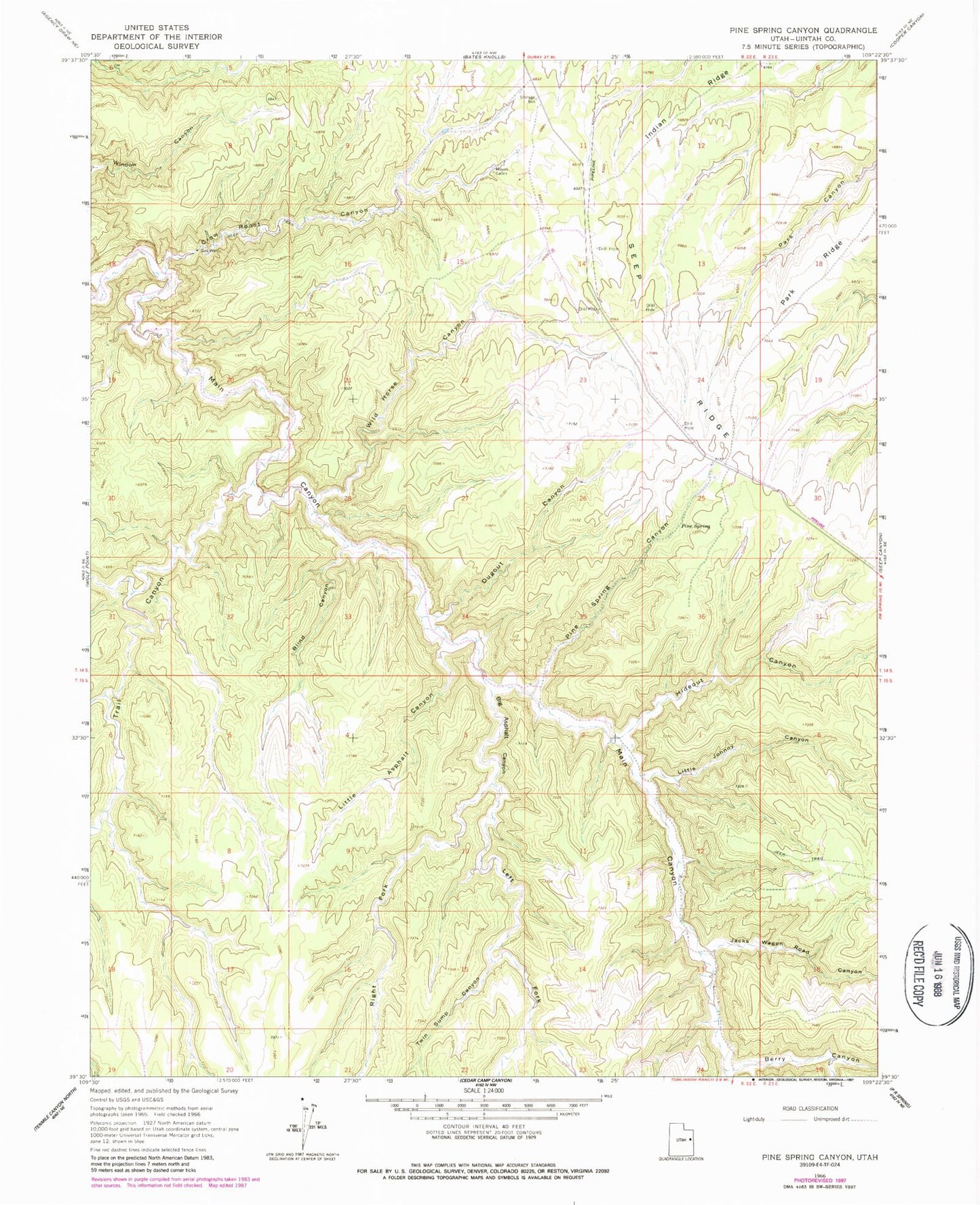 Classic USGS Pine Spring Canyon Utah 7.5'x7.5' Topo Map Image