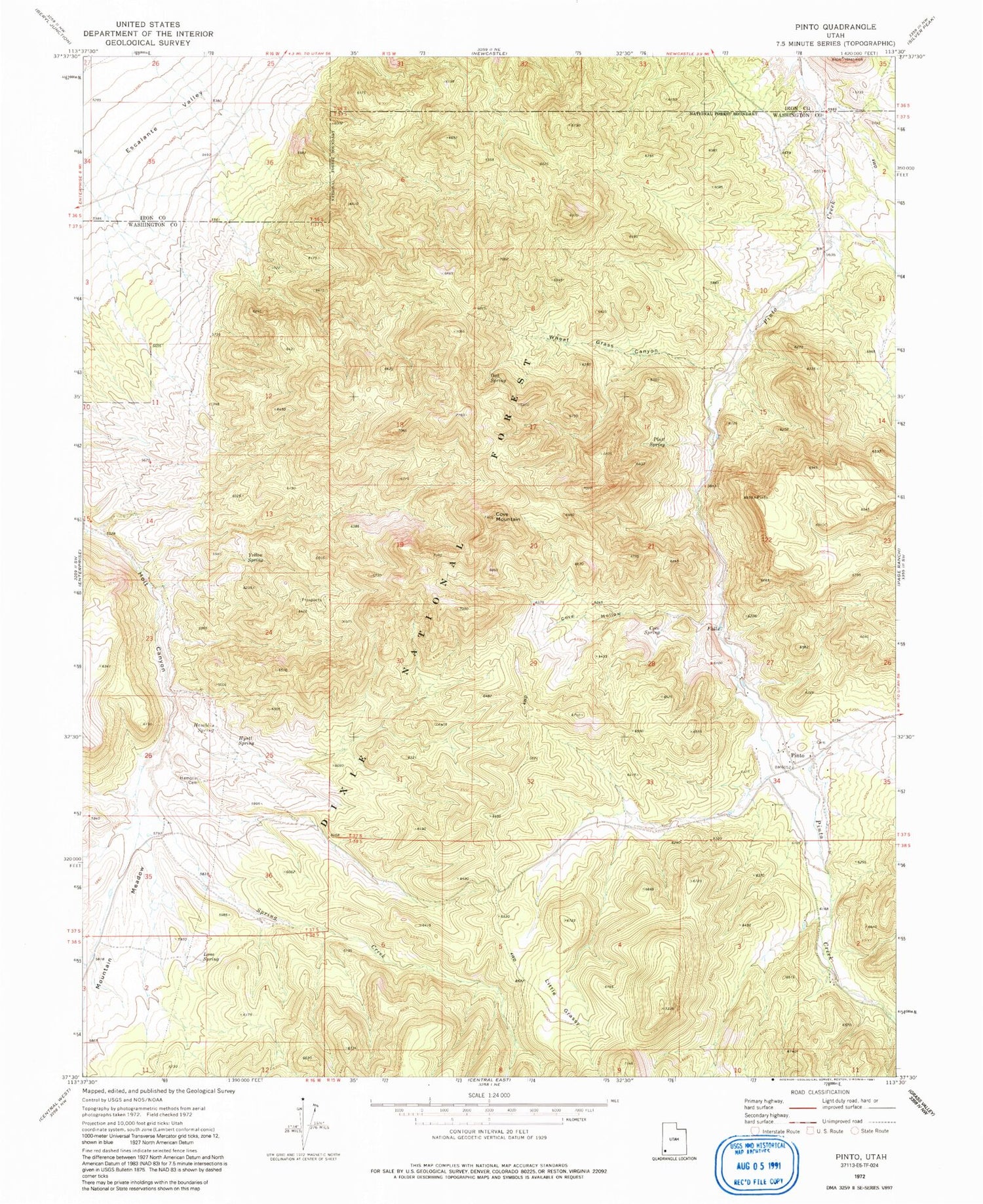 Classic USGS Pinto Utah 7.5'x7.5' Topo Map Image
