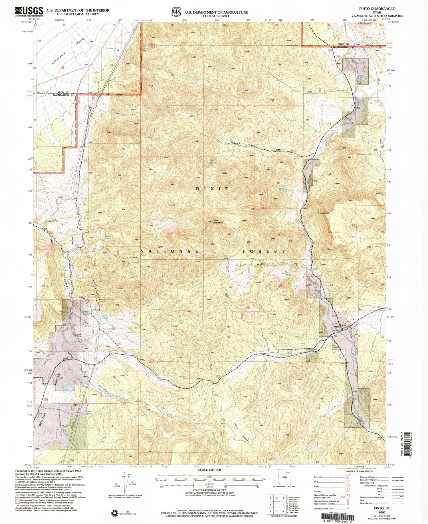 Classic USGS Pinto Utah 7.5'x7.5' Topo Map Image