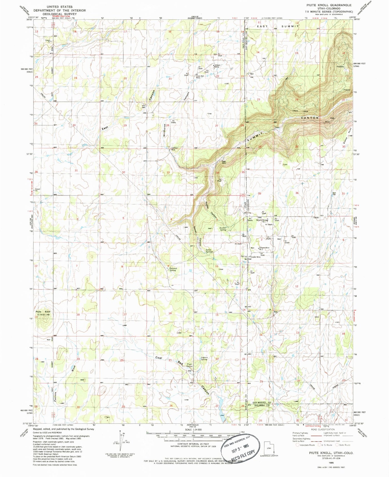 Classic USGS Piute Knoll Utah 7.5'x7.5' Topo Map Image