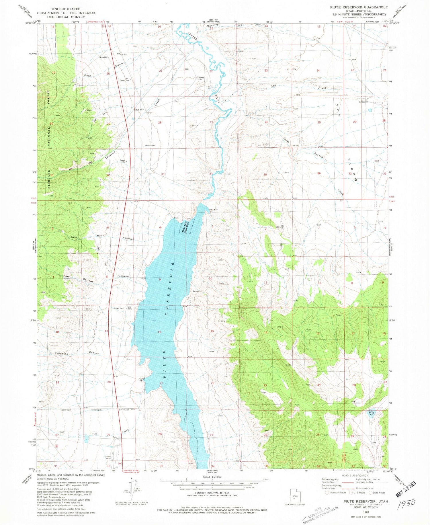Classic USGS Piute Reservoir Utah 7.5'x7.5' Topo Map Image