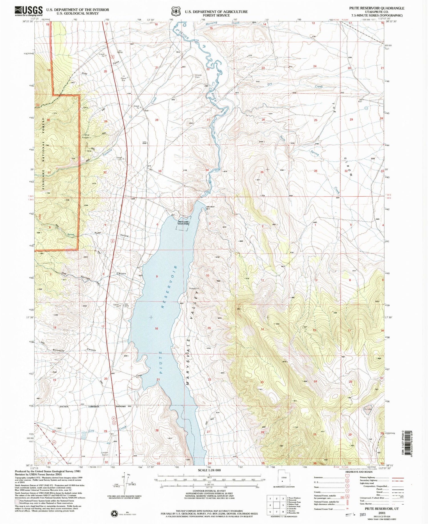 Classic USGS Piute Reservoir Utah 7.5'x7.5' Topo Map Image