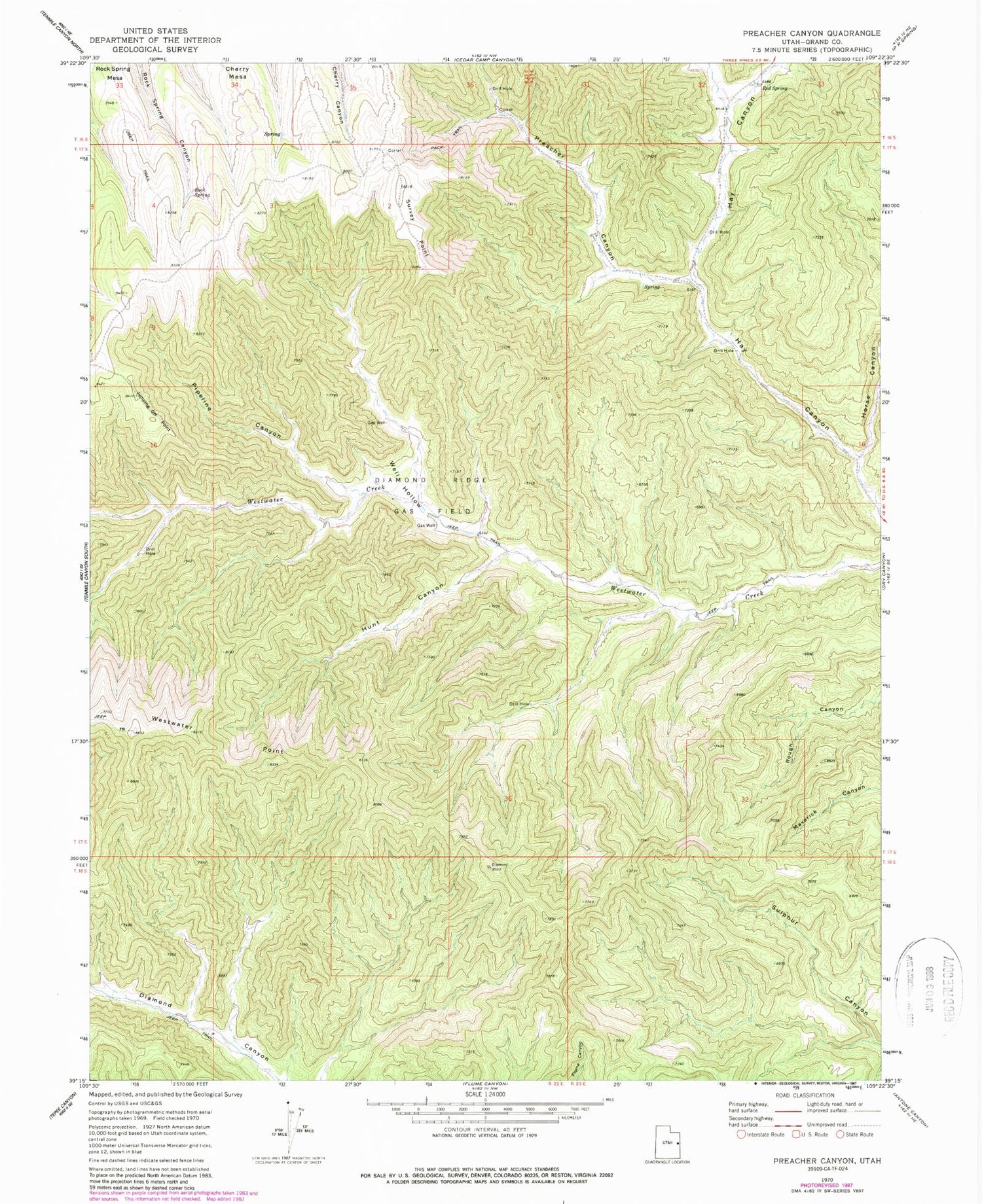 Classic USGS Preacher Canyon Utah 7.5'x7.5' Topo Map Image