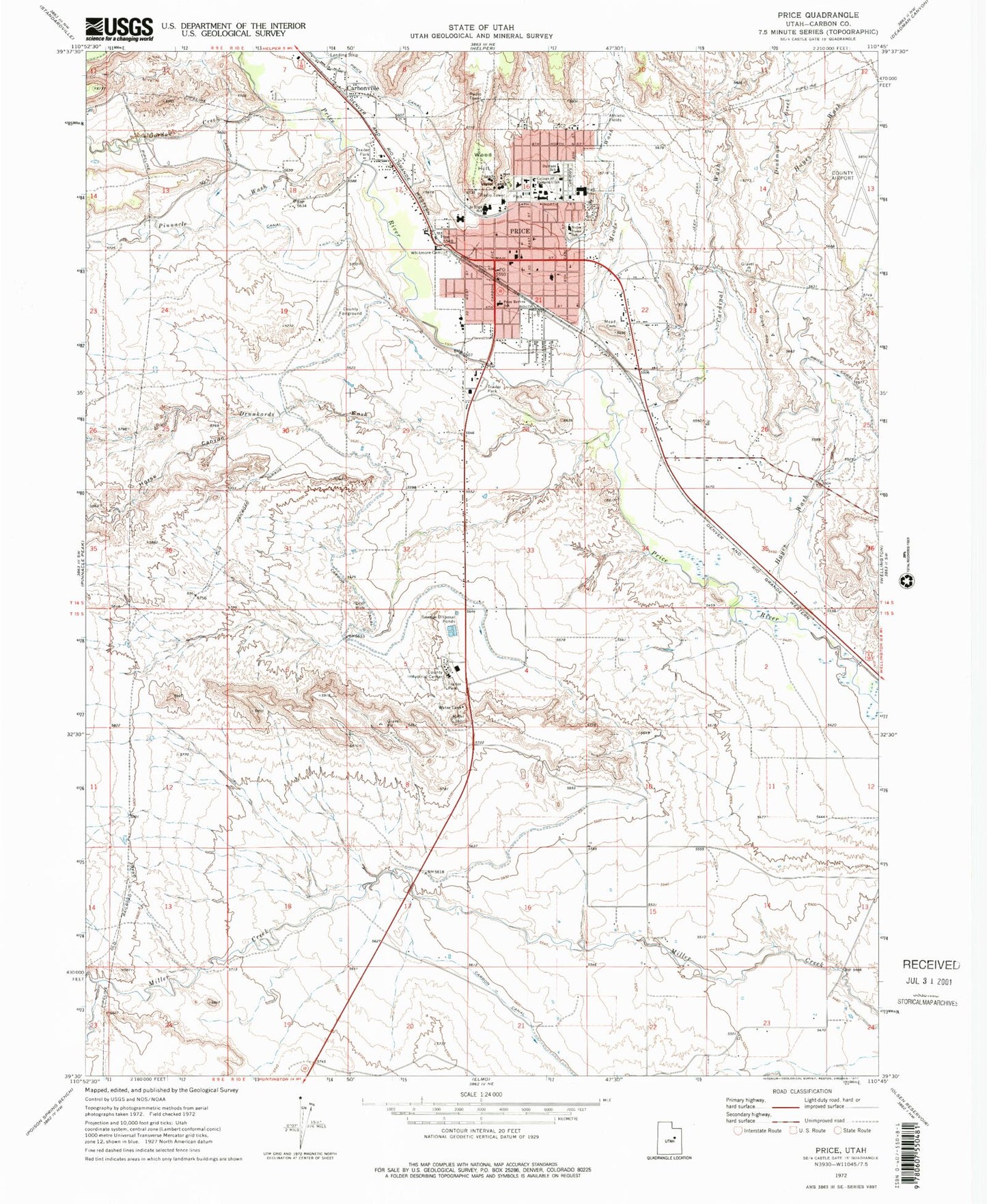 Classic USGS Price Utah 7.5'x7.5' Topo Map Image