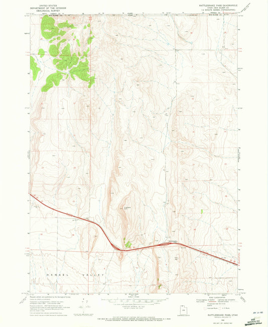 Classic USGS Rattlesnake Pass Utah 7.5'x7.5' Topo Map Image