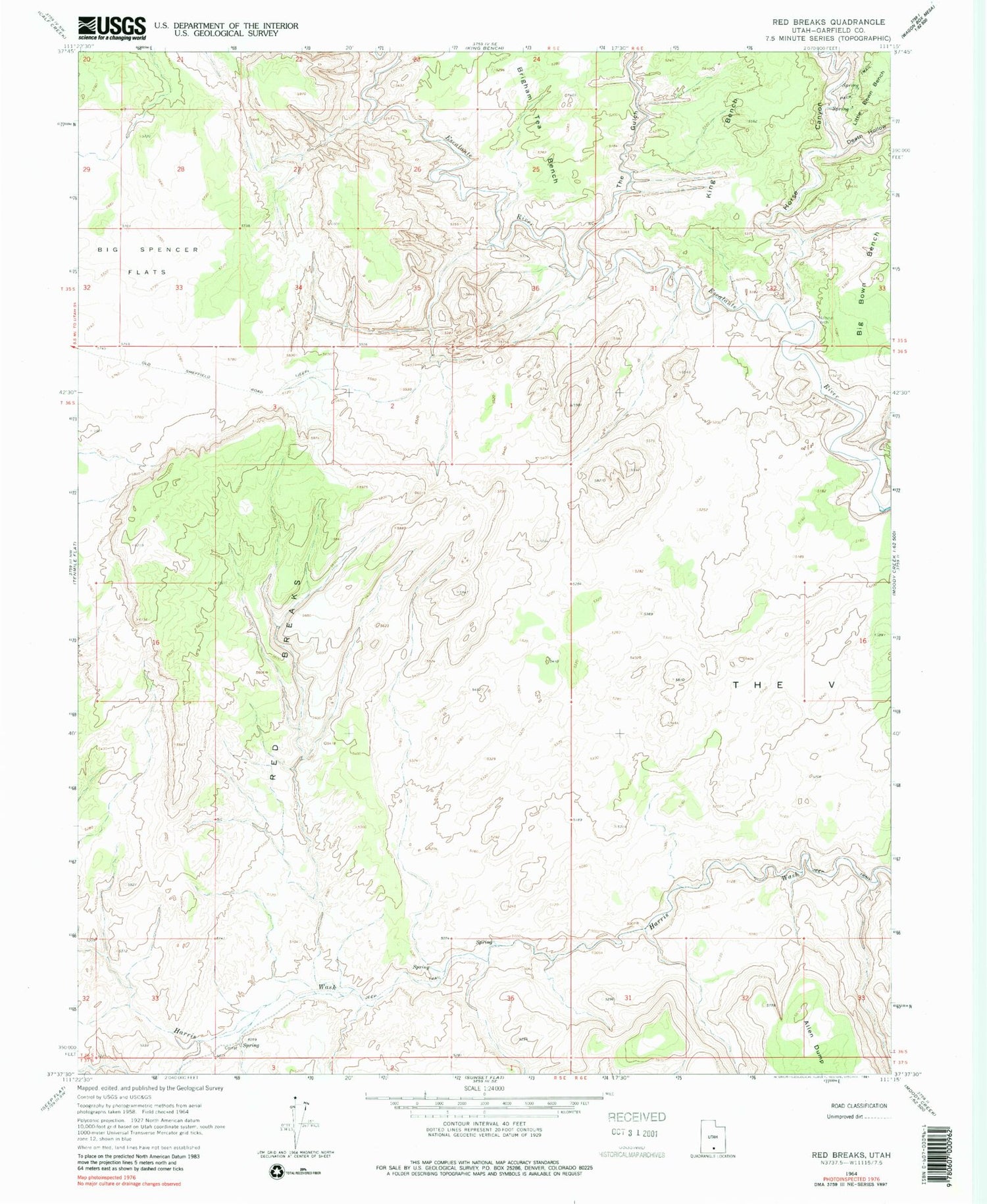 Classic USGS Red Breaks Utah 7.5'x7.5' Topo Map Image