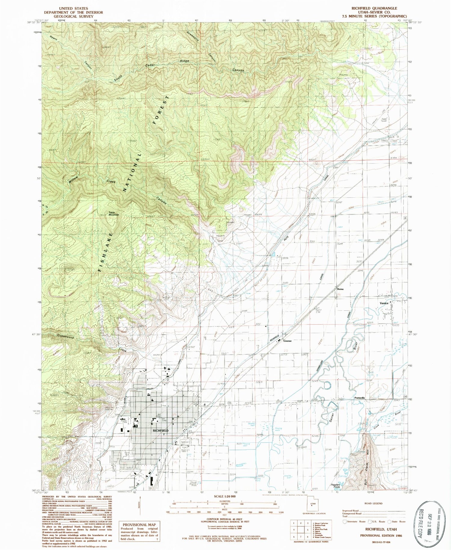 Classic USGS Richfield Utah 7.5'x7.5' Topo Map Image