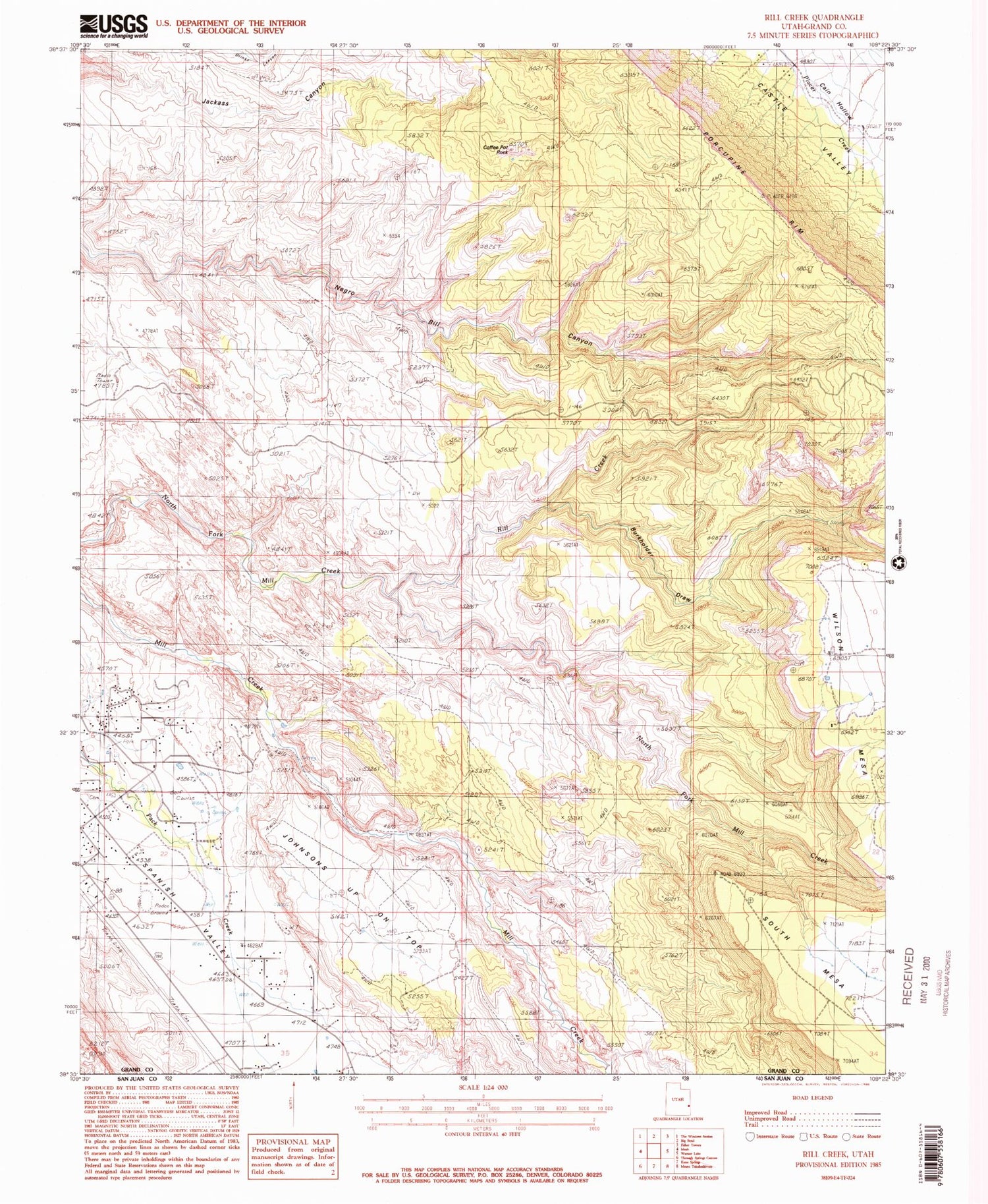 Classic USGS Rill Creek Utah 7.5'x7.5' Topo Map Image