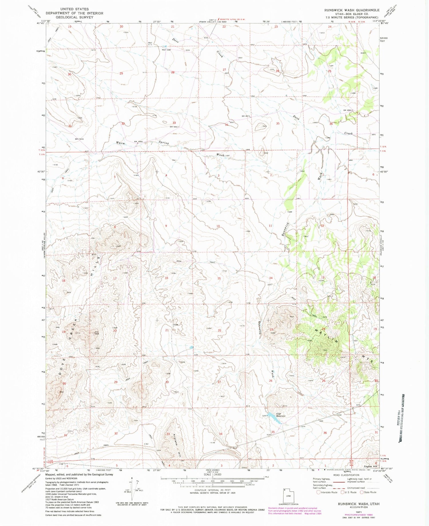 Classic USGS Runswick Wash Utah 7.5'x7.5' Topo Map Image