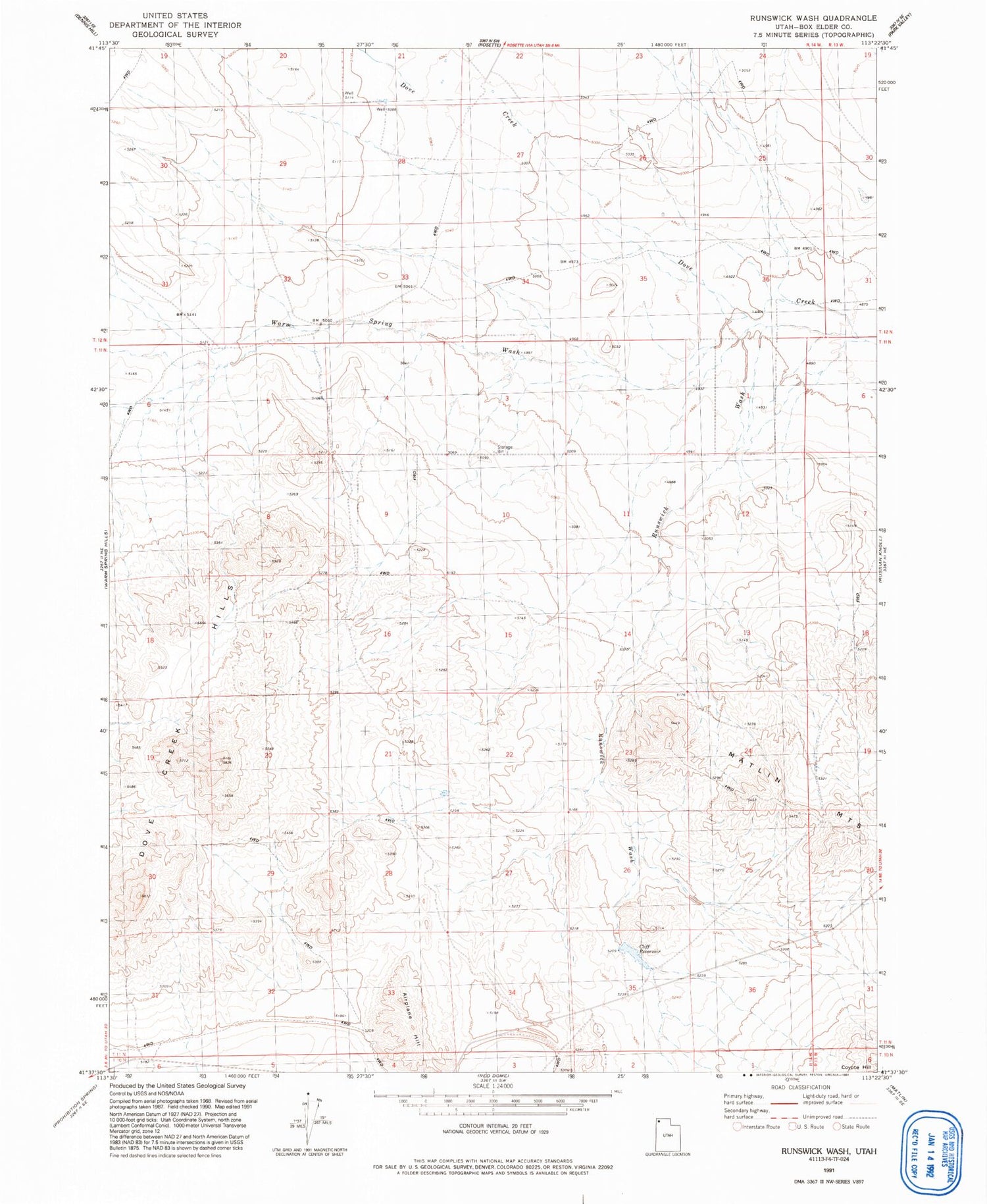 Classic USGS Runswick Wash Utah 7.5'x7.5' Topo Map Image