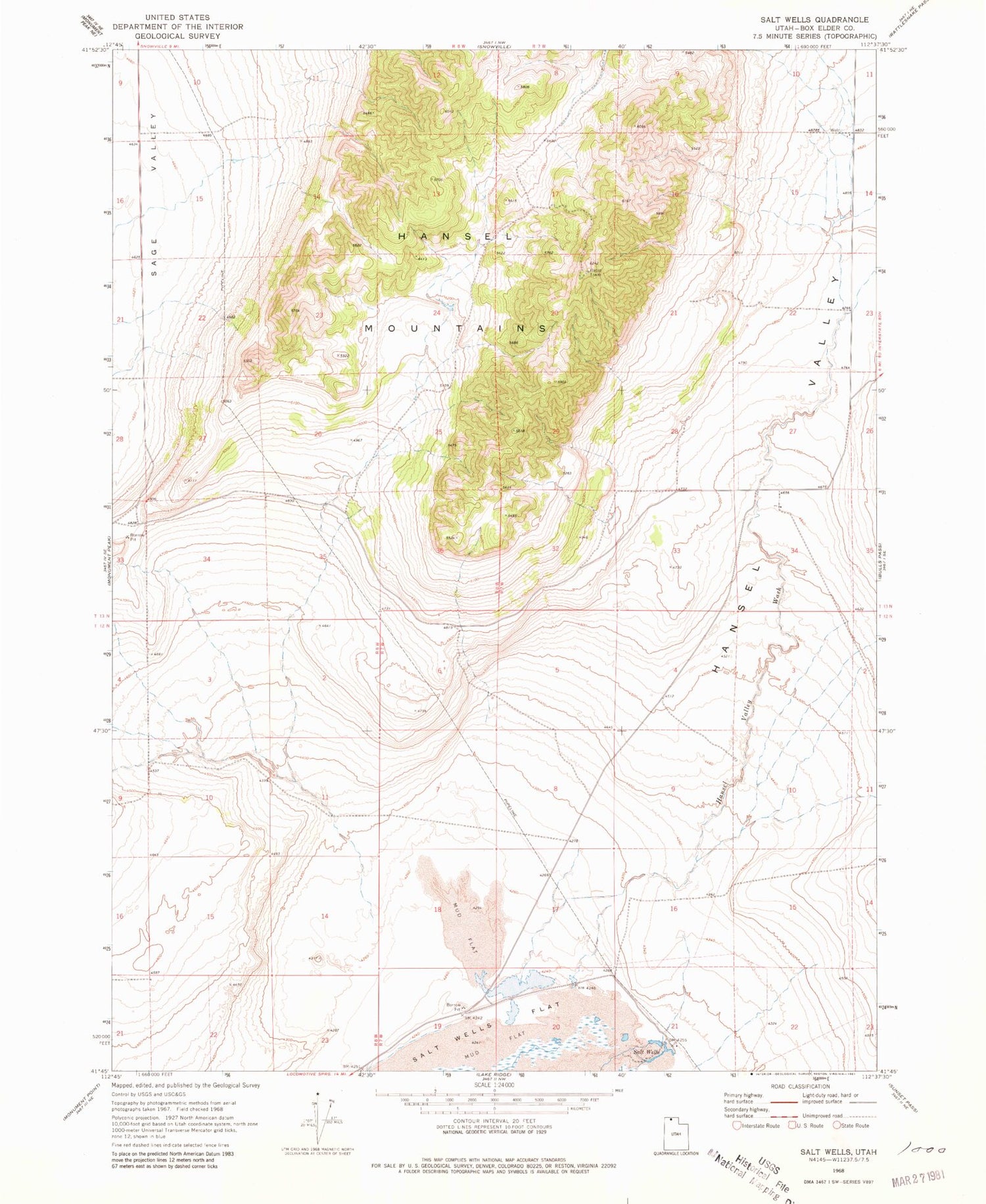 Classic USGS Salt Wells Utah 7.5'x7.5' Topo Map Image